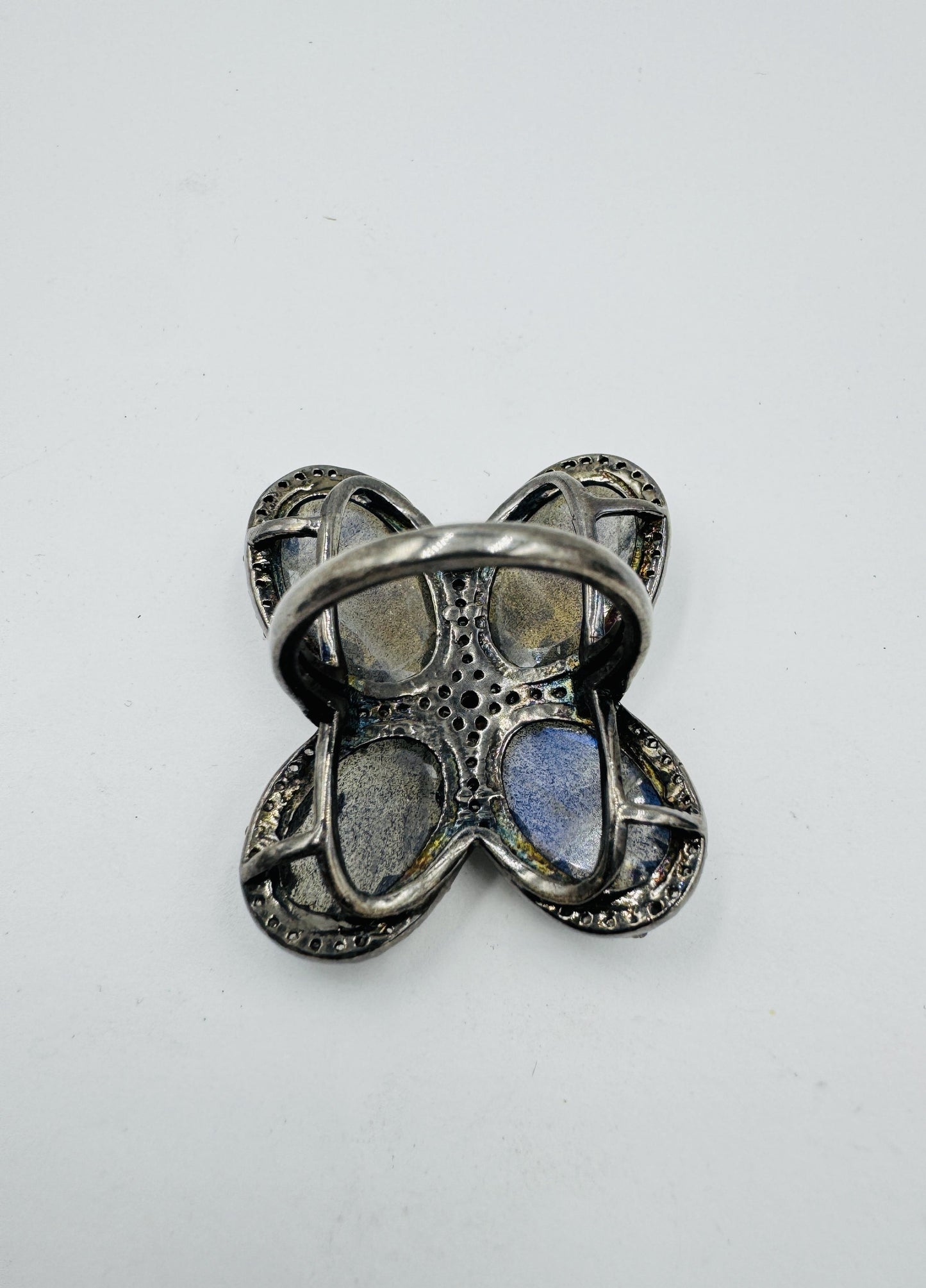 Custom Made Sterling Silver Labradorite Stone Diamonds and Ruby Butterfly Ring