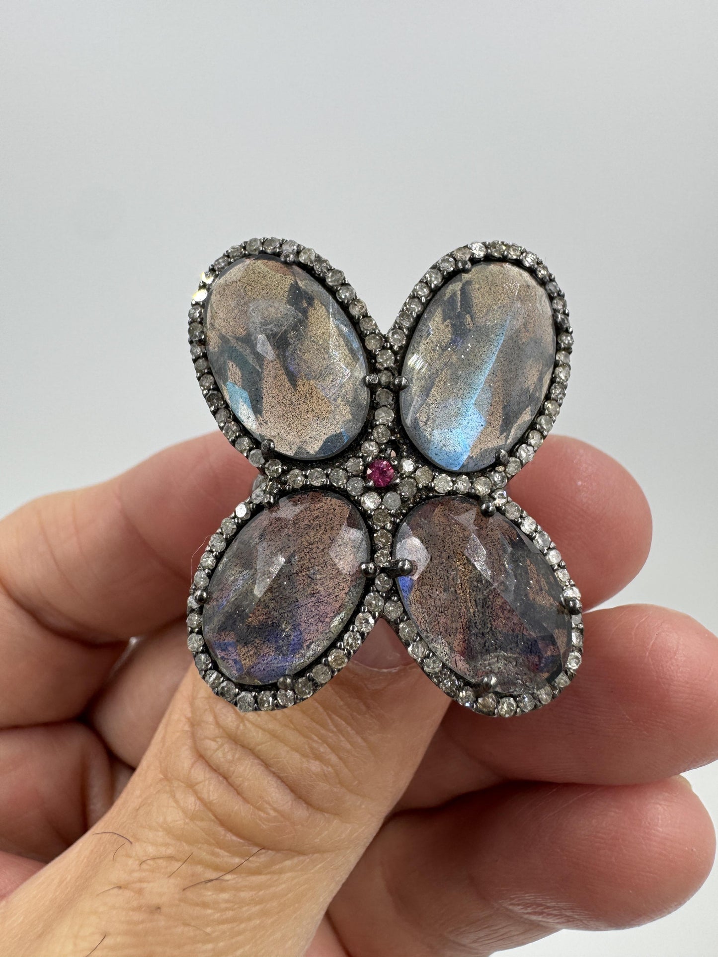 Custom Made Sterling Silver Labradorite Stone Diamonds and Ruby Butterfly Ring