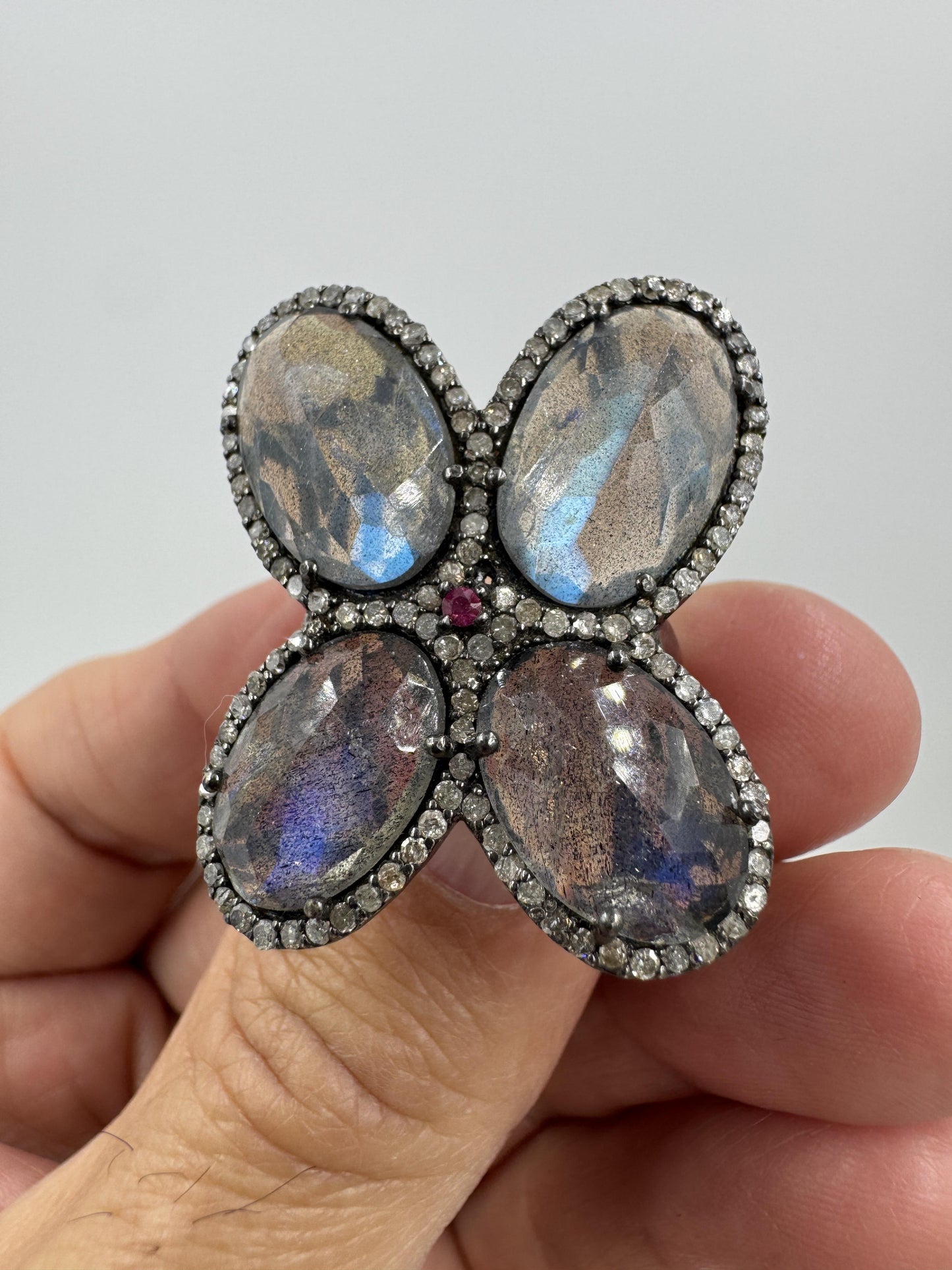 Custom Made Sterling Silver Labradorite Stone Diamonds and Ruby Butterfly Ring
