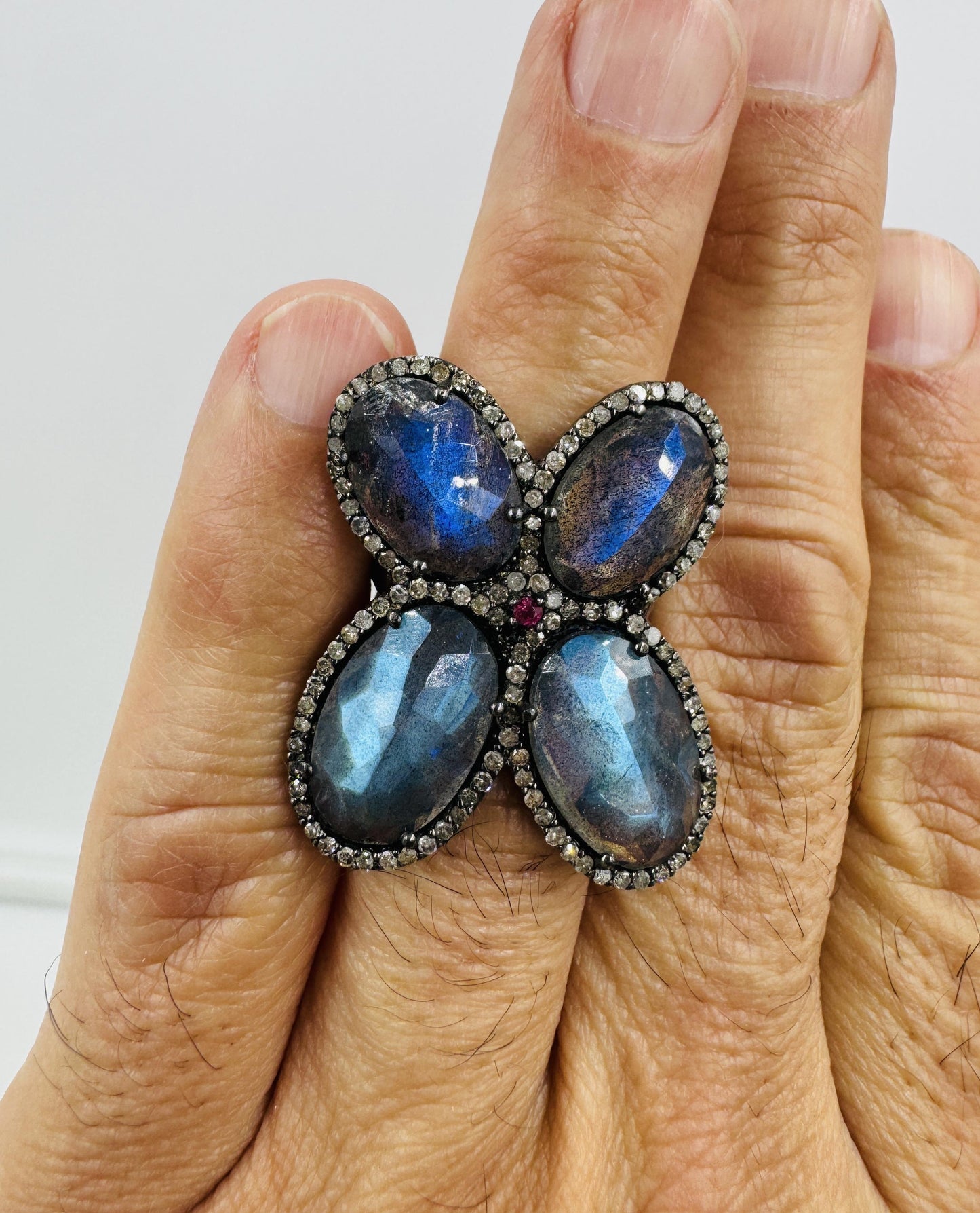 Custom Made Sterling Silver Labradorite Stone Diamonds and Ruby Butterfly Ring