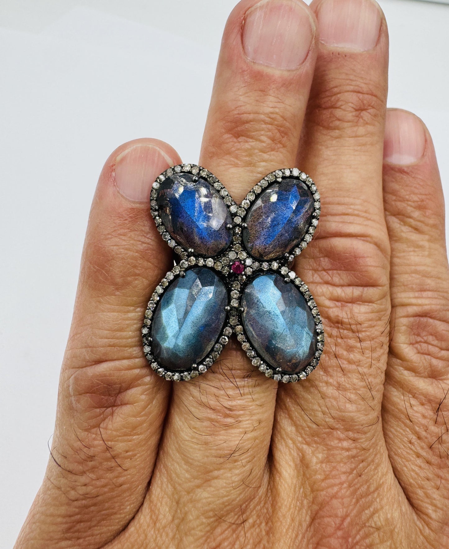 Custom Made Sterling Silver Labradorite Stone Diamonds and Ruby Butterfly Ring