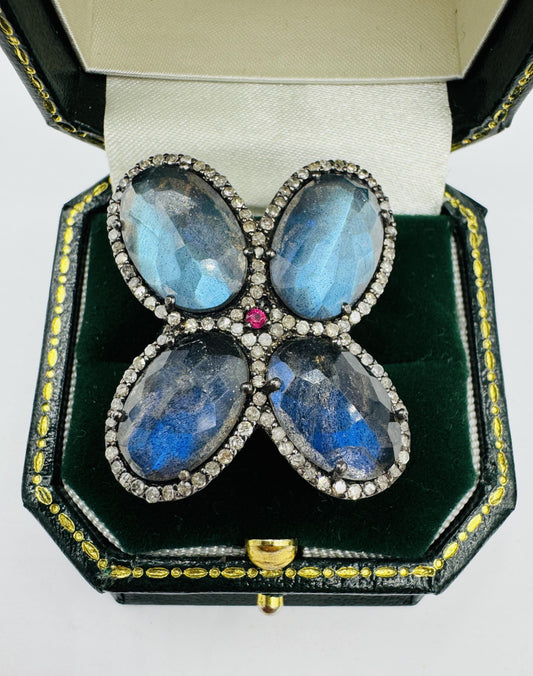 Custom Made Sterling Silver Labradorite Stone Diamonds and Ruby Butterfly Ring