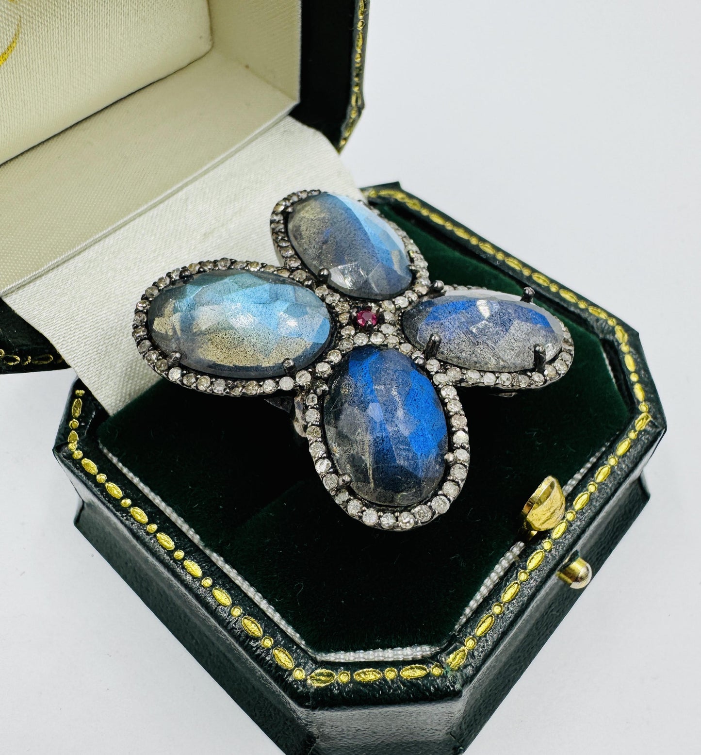 Custom Made Sterling Silver Labradorite Stone Diamonds and Ruby Butterfly Ring