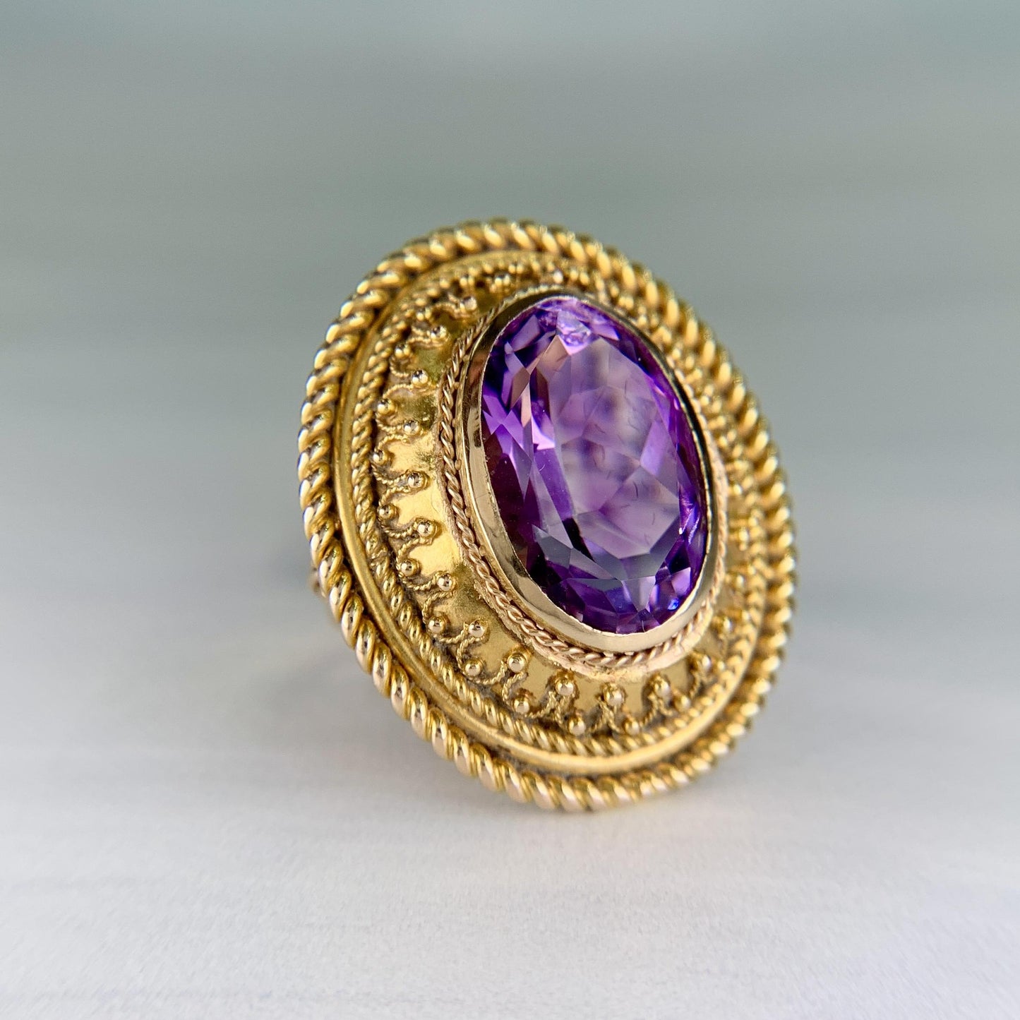 1880s Victorian Etruscan Revival Amethyst Ring 14k
