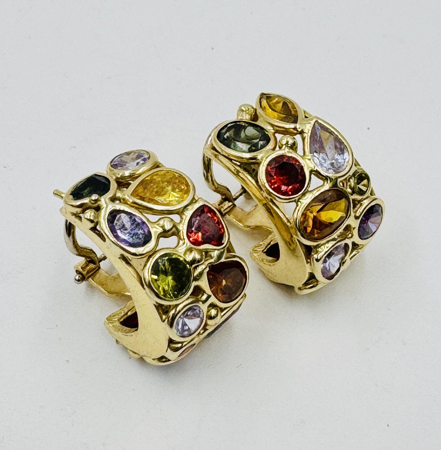 Vintage Italian 14k gold Multi Gemstone Huggie Earrings Signed
