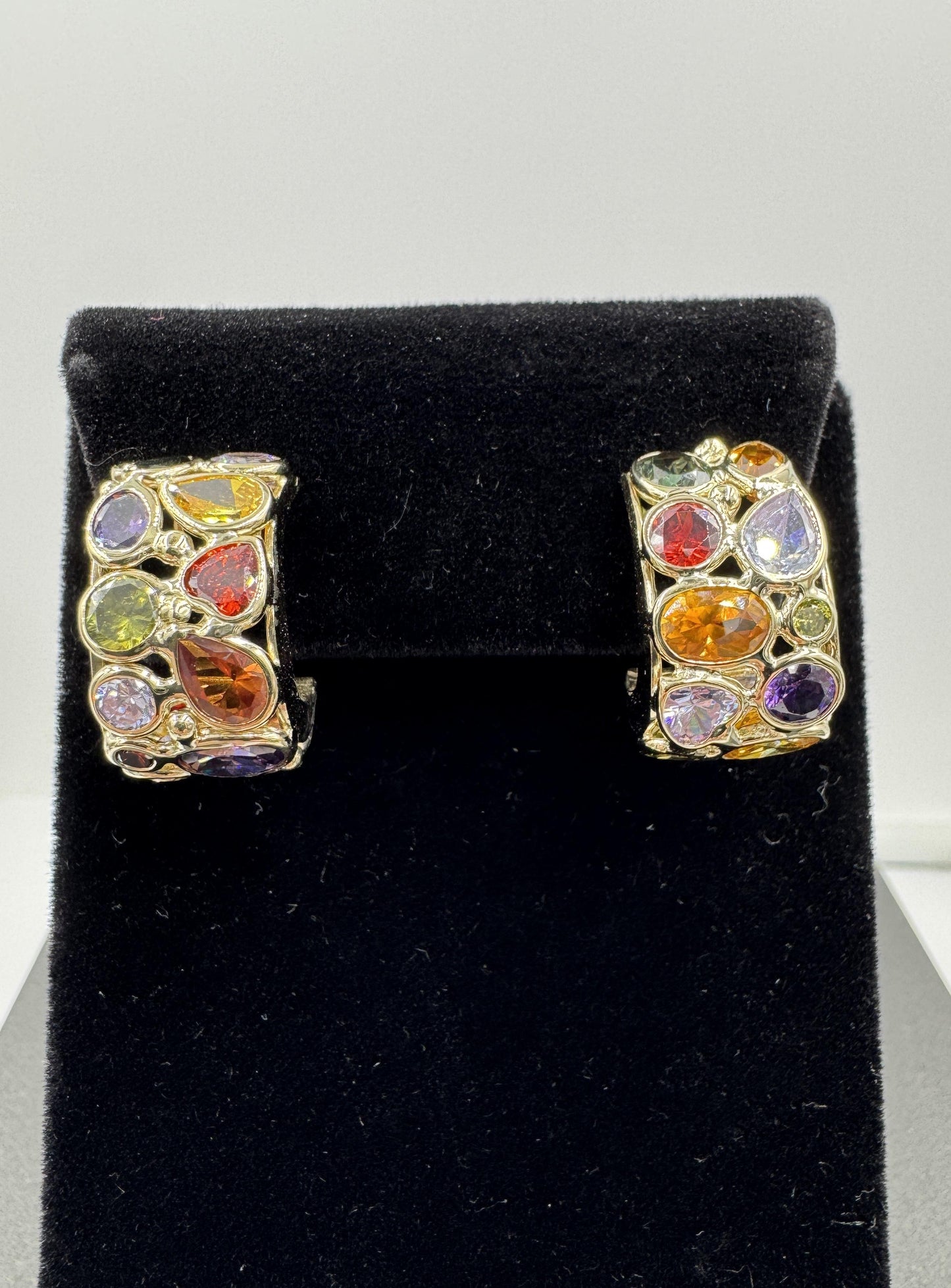 Vintage Italian 14k gold Multi Gemstone Huggie Earrings Signed