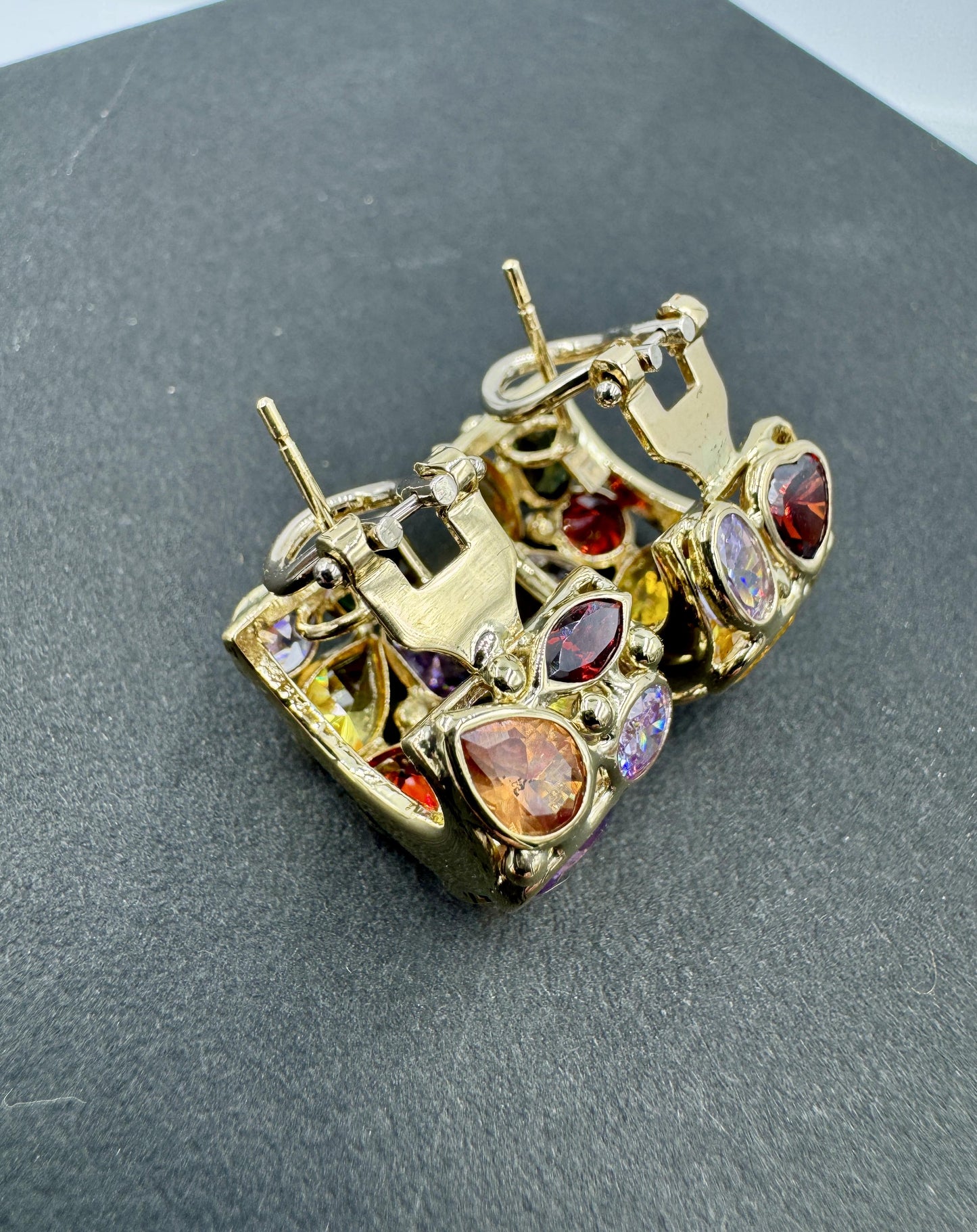 Vintage Italian 14k gold Multi Gemstone Huggie Earrings Signed