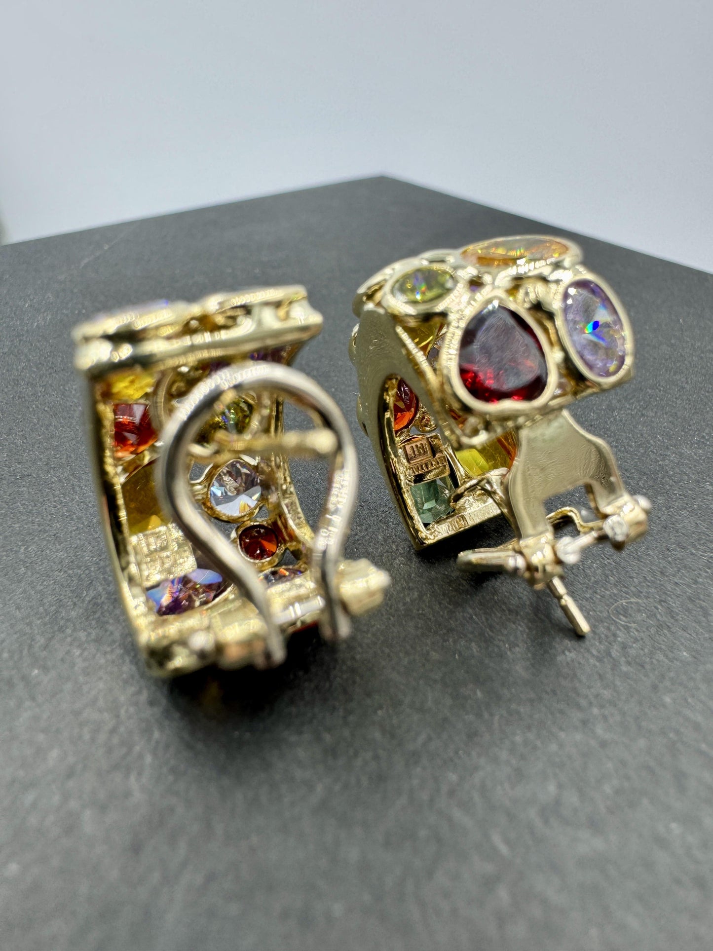 Vintage Italian 14k gold Multi Gemstone Huggie Earrings Signed