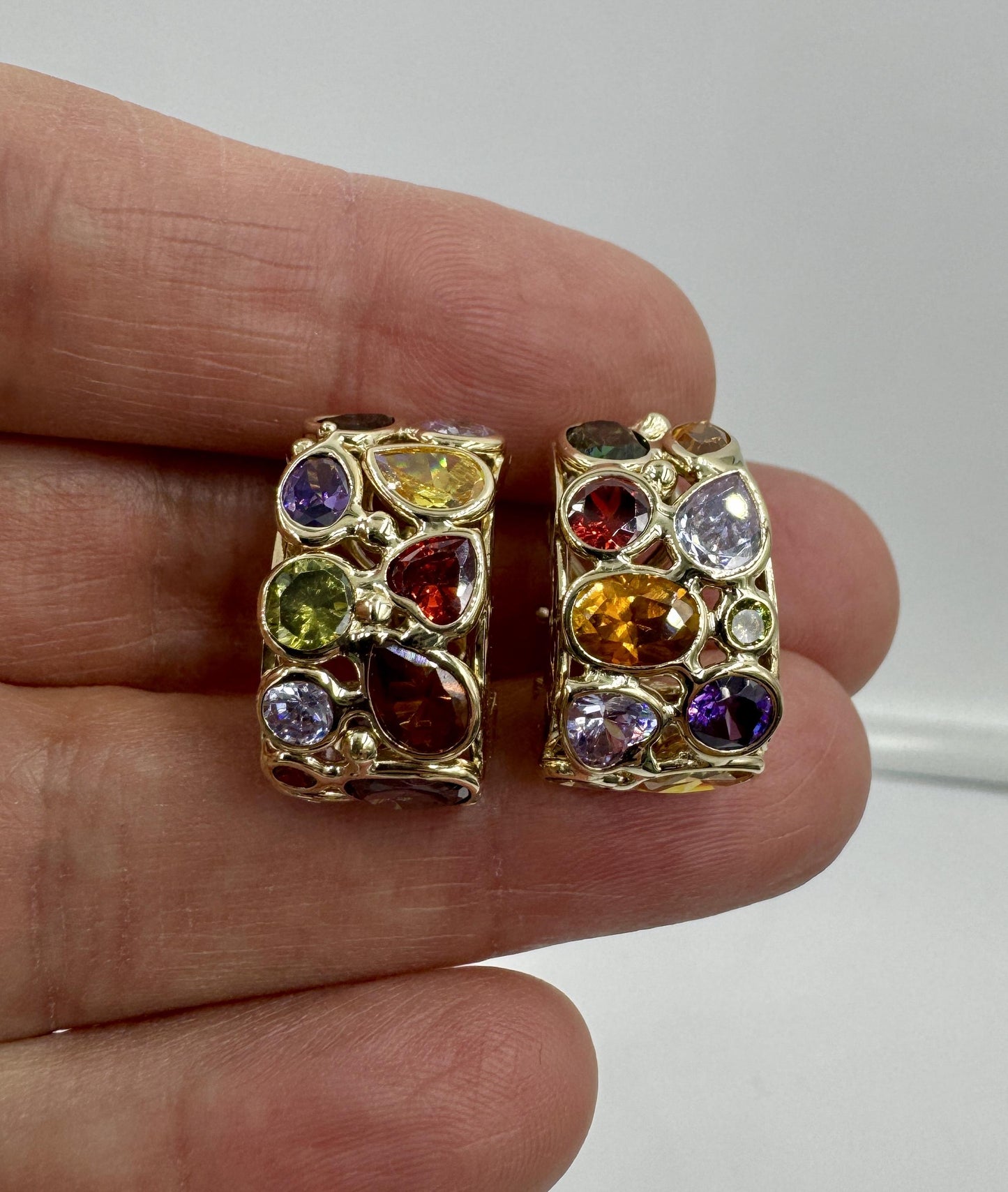 Vintage Italian 14k gold Multi Gemstone Huggie Earrings Signed