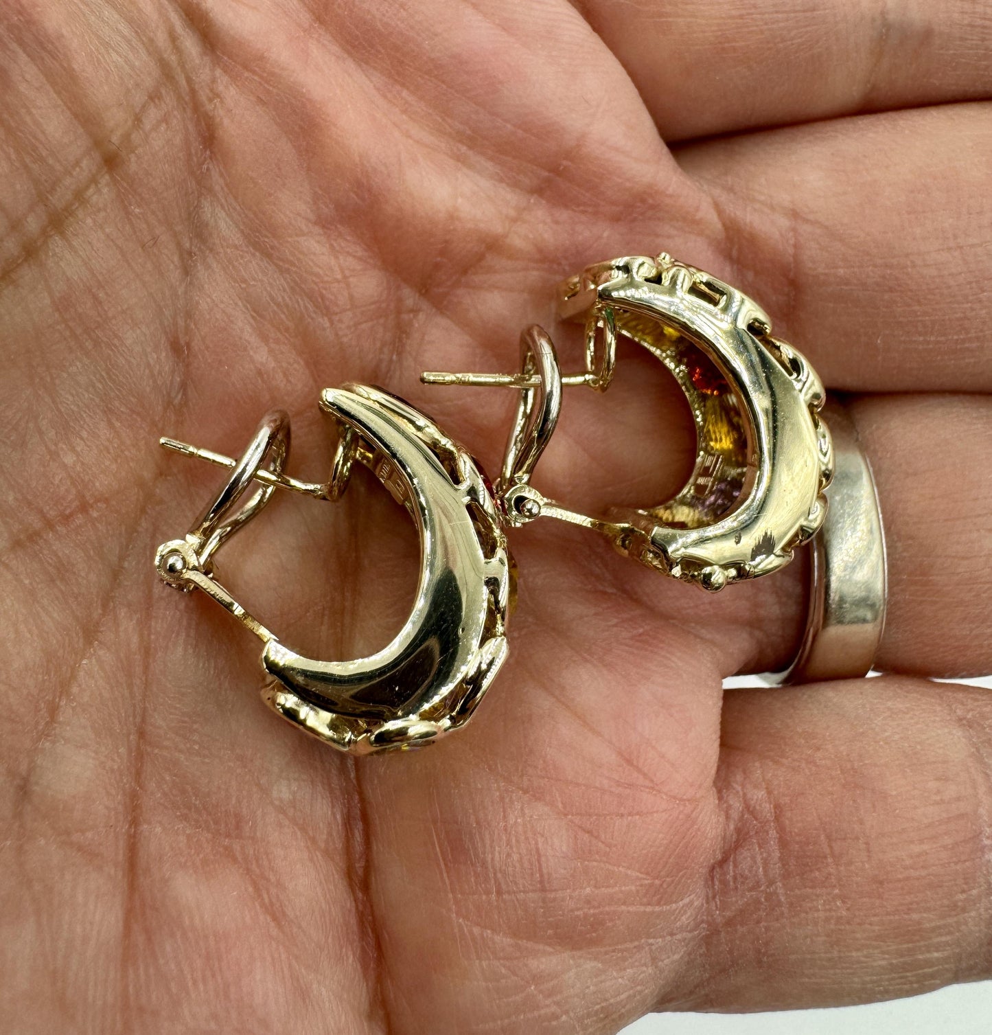 Vintage Italian 14k gold Multi Gemstone Huggie Earrings Signed
