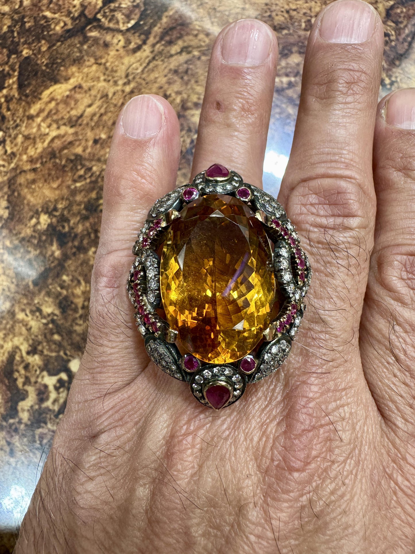 Huge Citrine diamond and ruby silver and gold cocktail ring