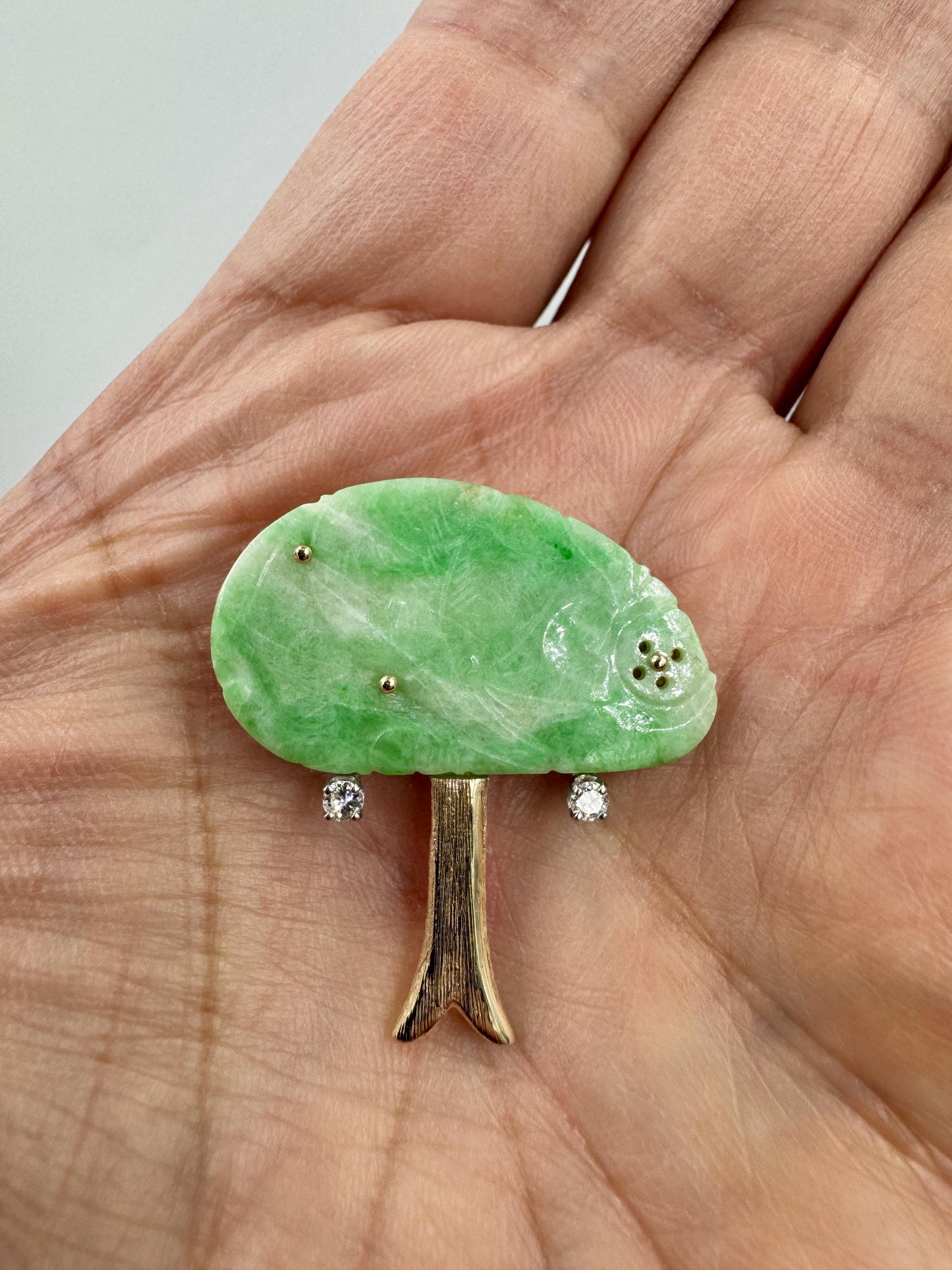Vintage Jade Tree Pin with Diamonds Brooch