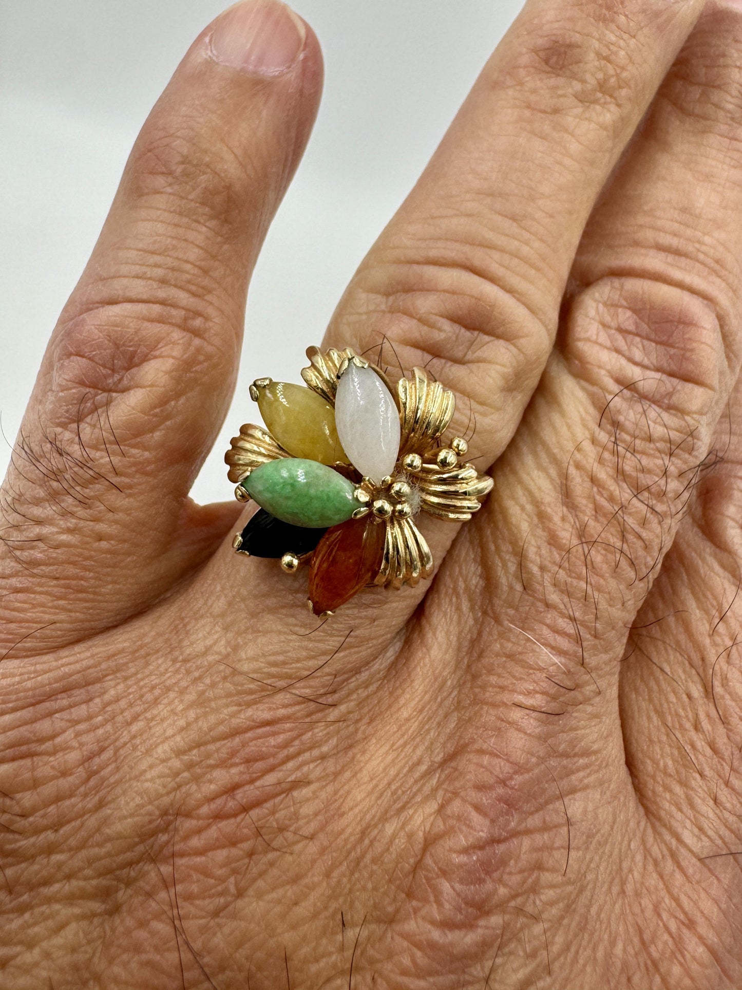 Vintage 14k Yellow Gold Multi Color Jade Flower Ring