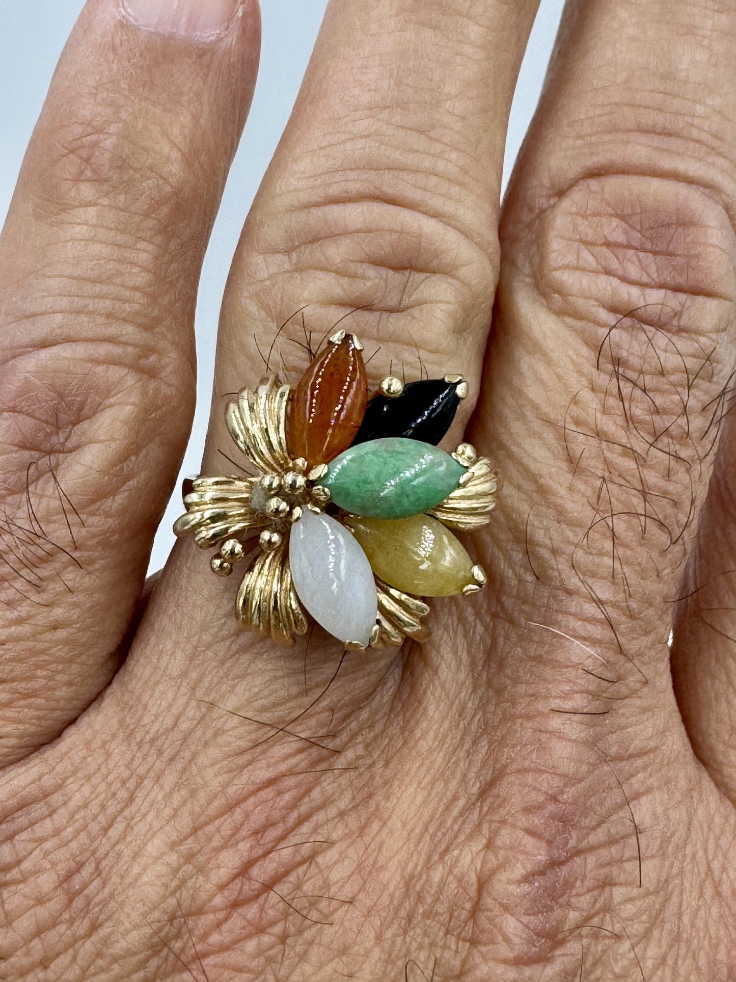 Vintage 14k Yellow Gold Multi Color Jade Flower Ring