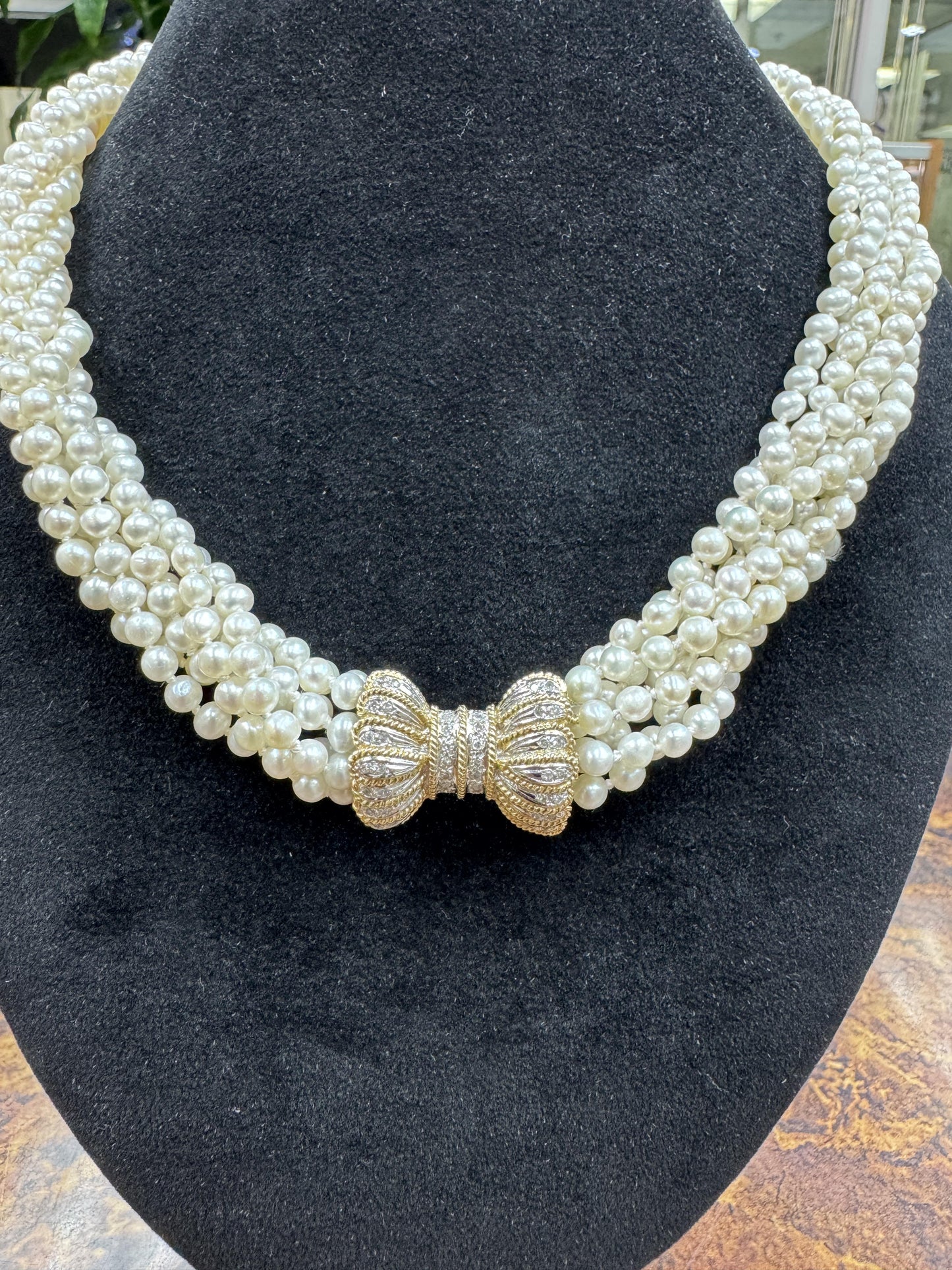 14k gold diamond Clasp Fresh Water Pearl Multi Strand Torsade