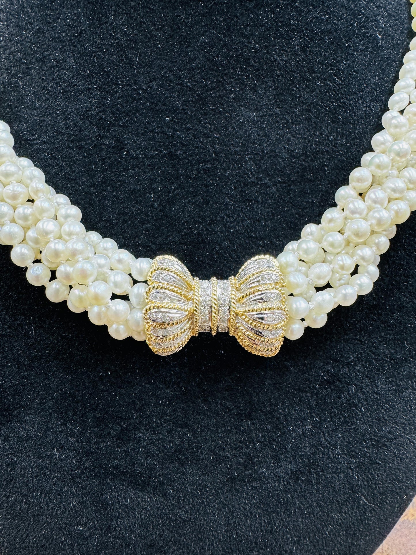 14k gold diamond Clasp Fresh Water Pearl Multi Strand Torsade