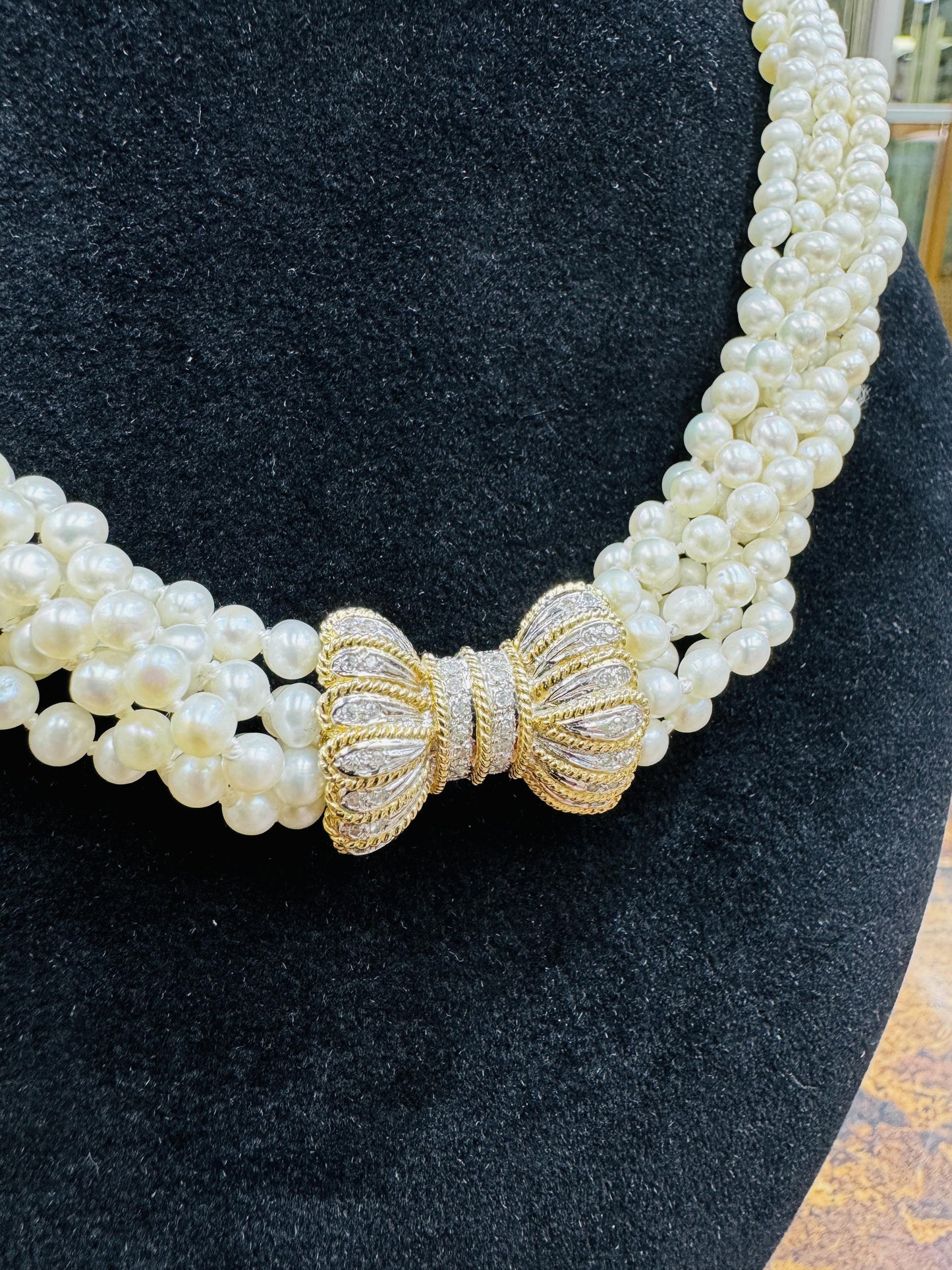 14k gold diamond Clasp Fresh Water Pearl Multi Strand Torsade