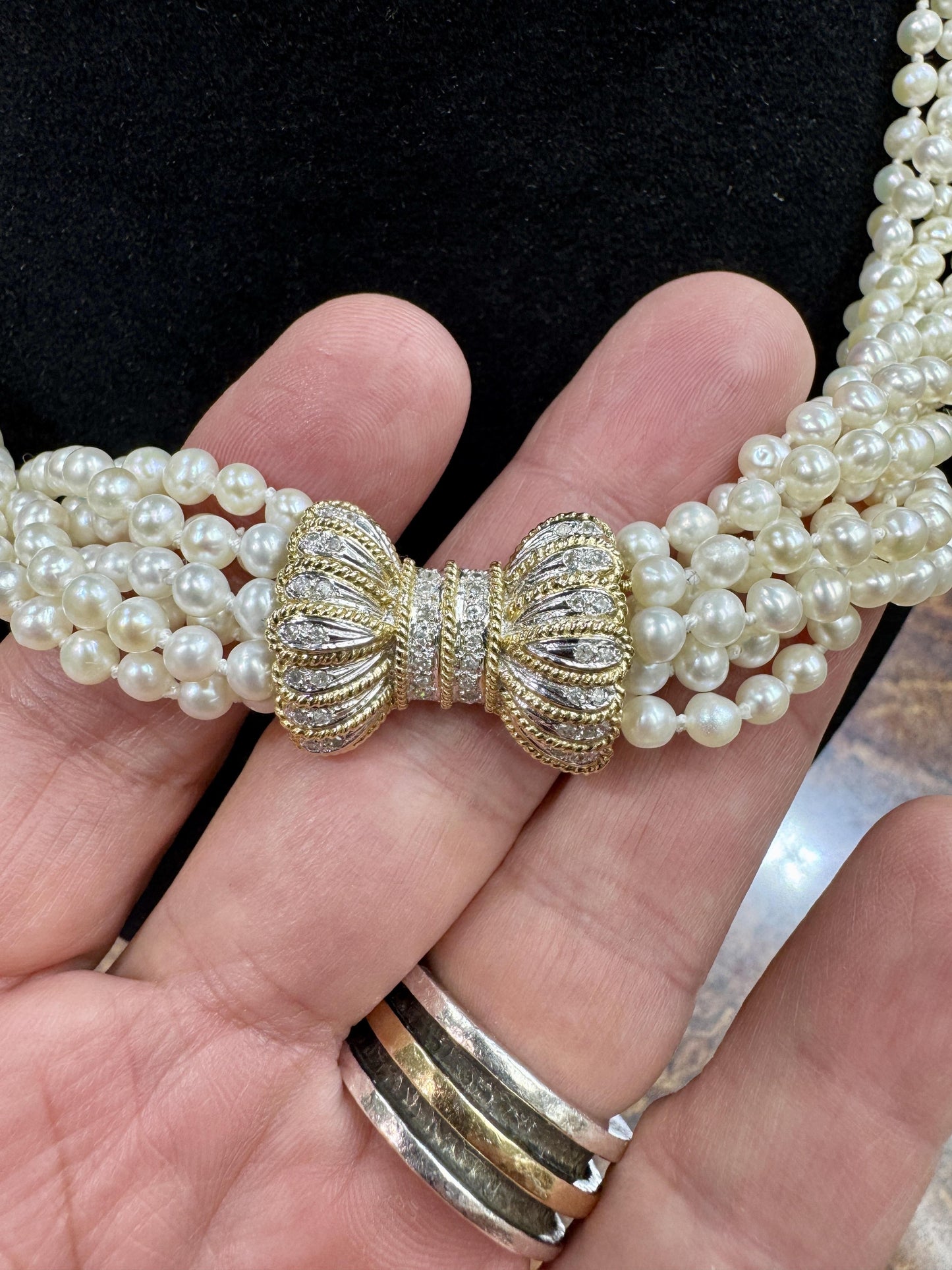 14k gold diamond Clasp Fresh Water Pearl Multi Strand Torsade