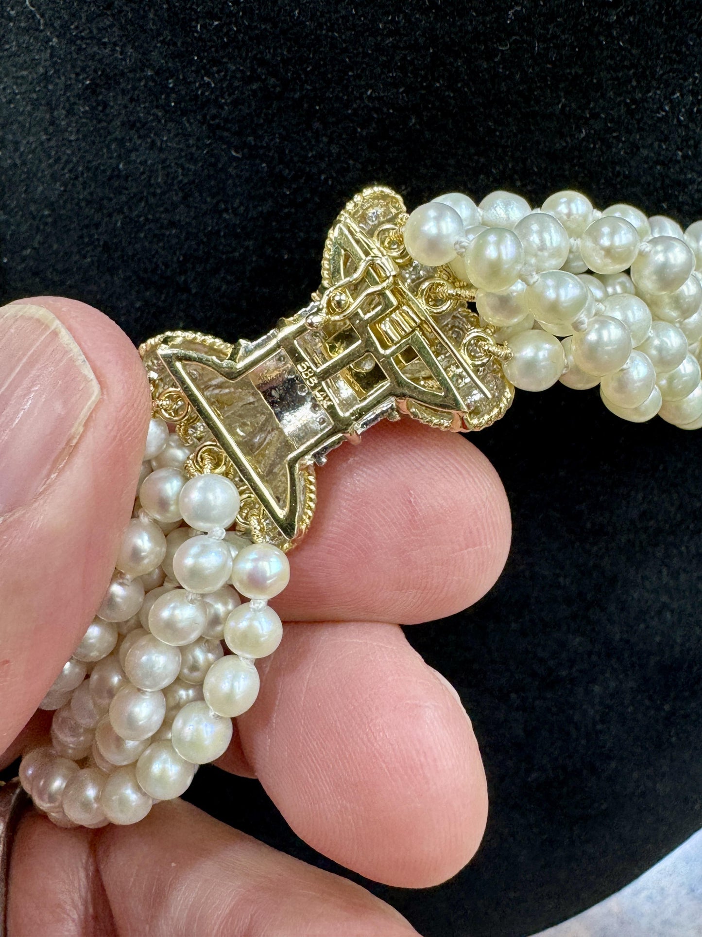 14k gold diamond Clasp Fresh Water Pearl Multi Strand Torsade