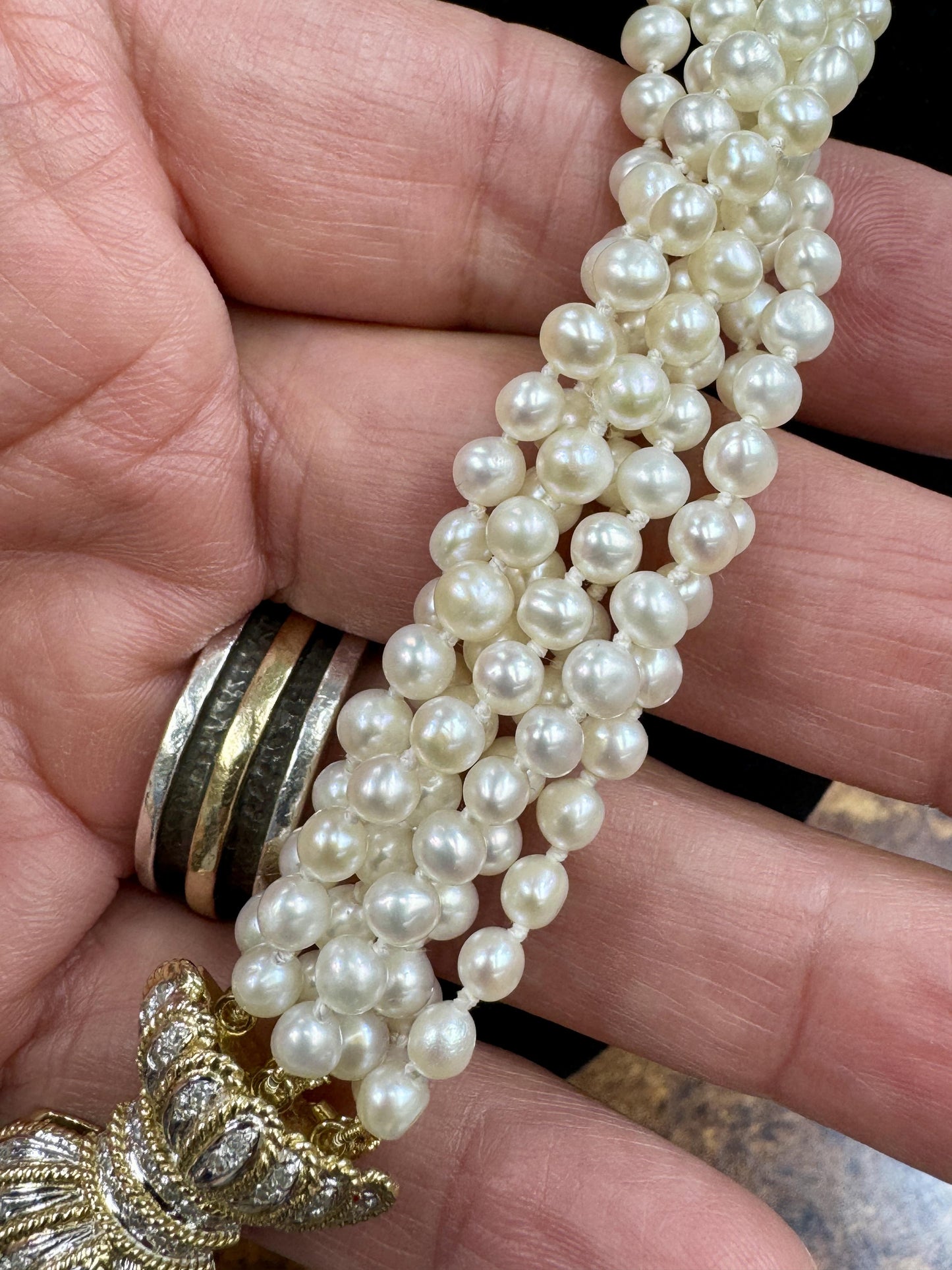 14k gold diamond Clasp Fresh Water Pearl Multi Strand Torsade
