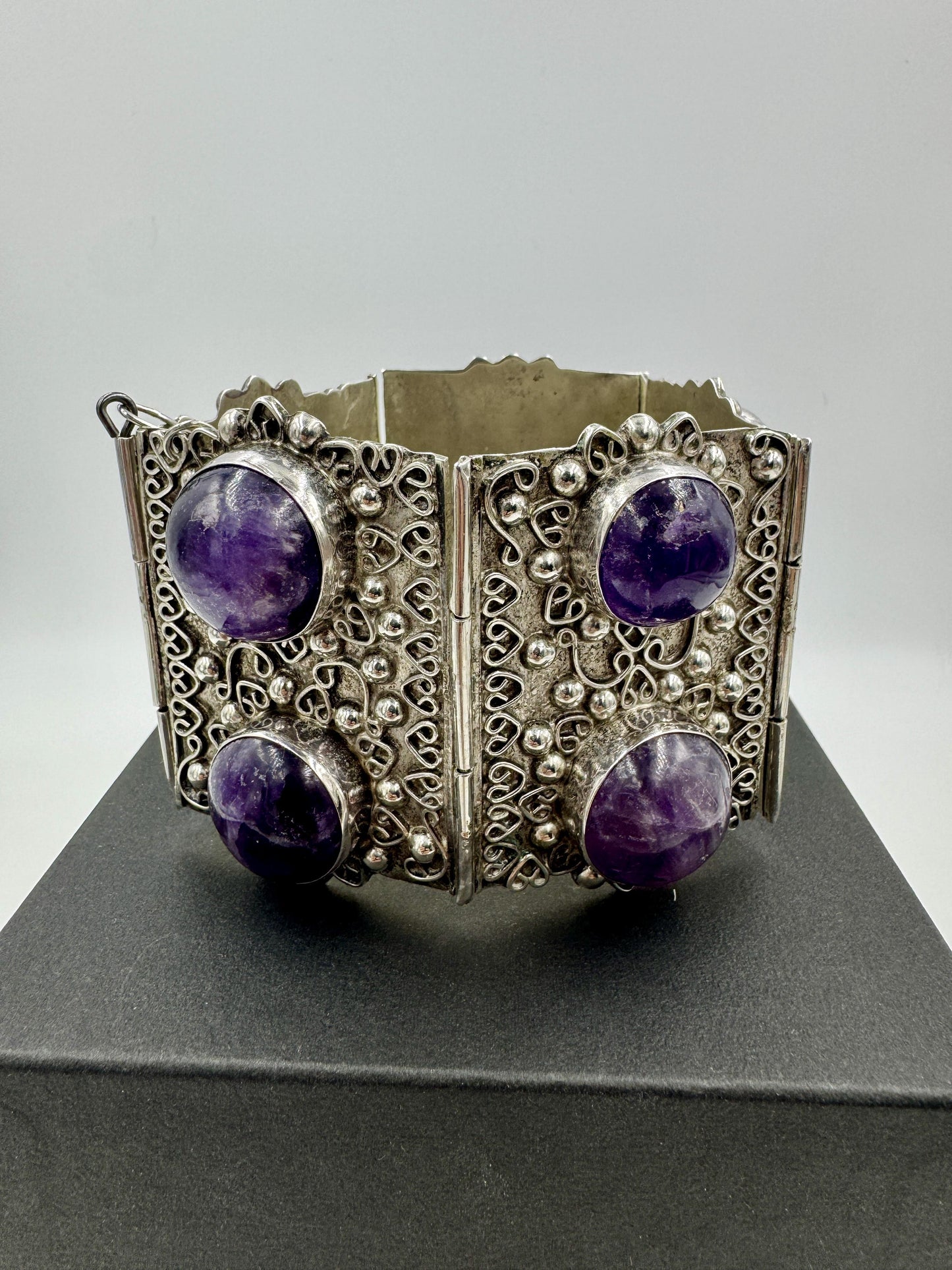 Huge Retro Mexico Sterling Silver Amethyst Panel Bracelet