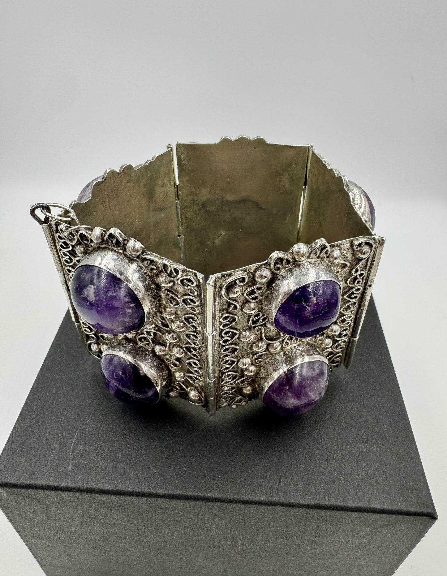 Huge Retro Mexico Sterling Silver Amethyst Panel Bracelet