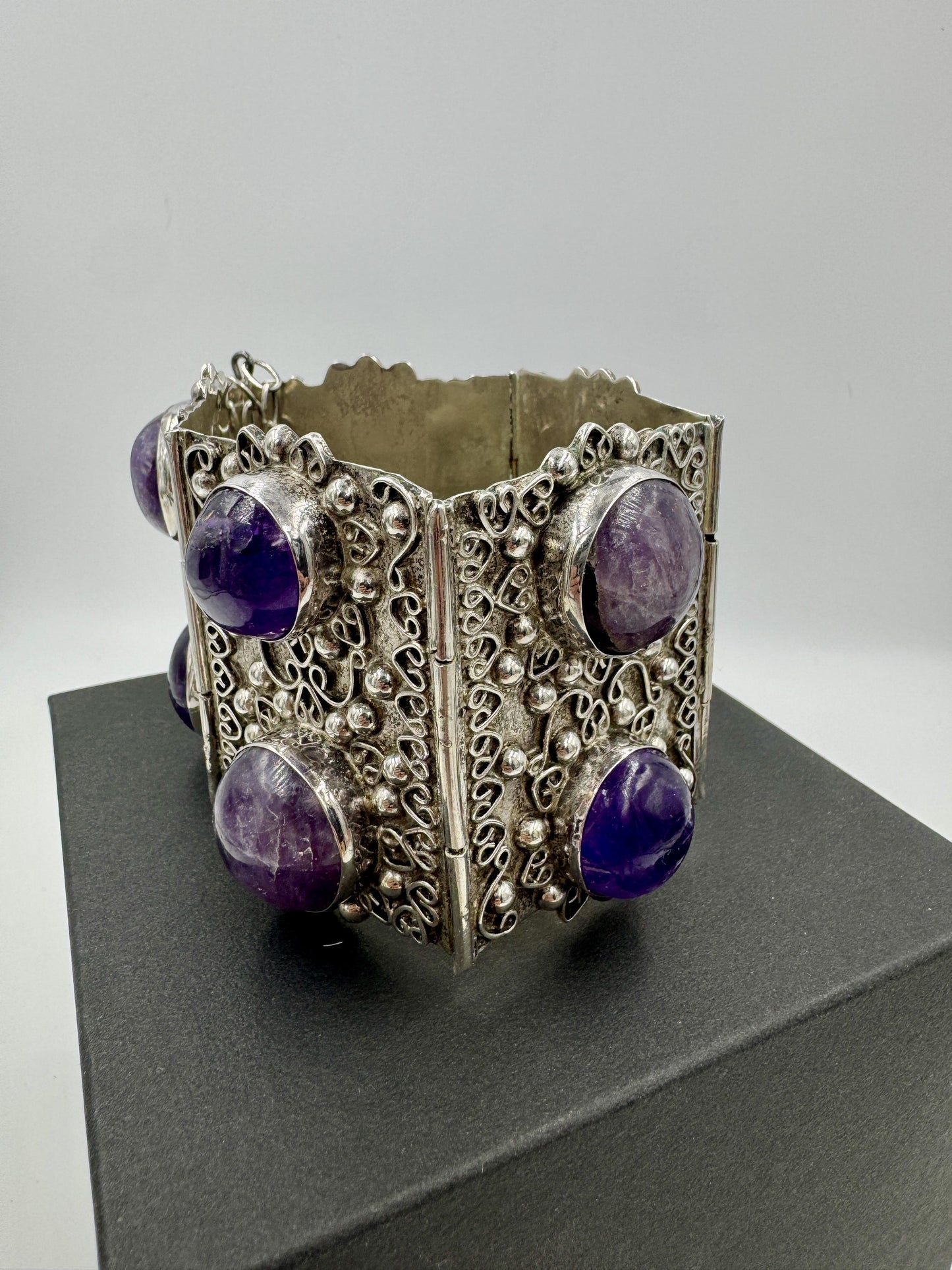 Huge Retro Mexico Sterling Silver Amethyst Panel Bracelet