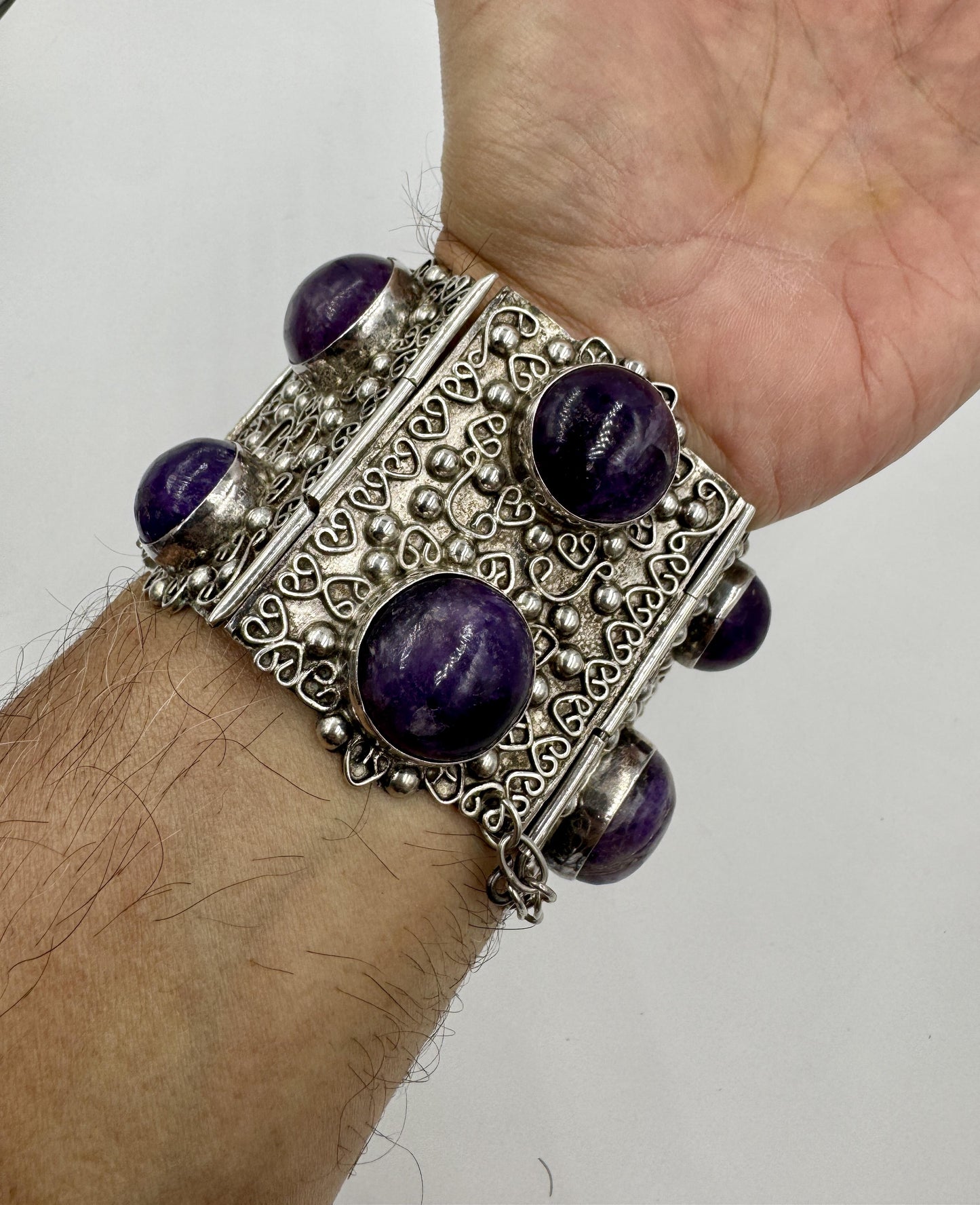 Huge Retro Mexico Sterling Silver Amethyst Panel Bracelet