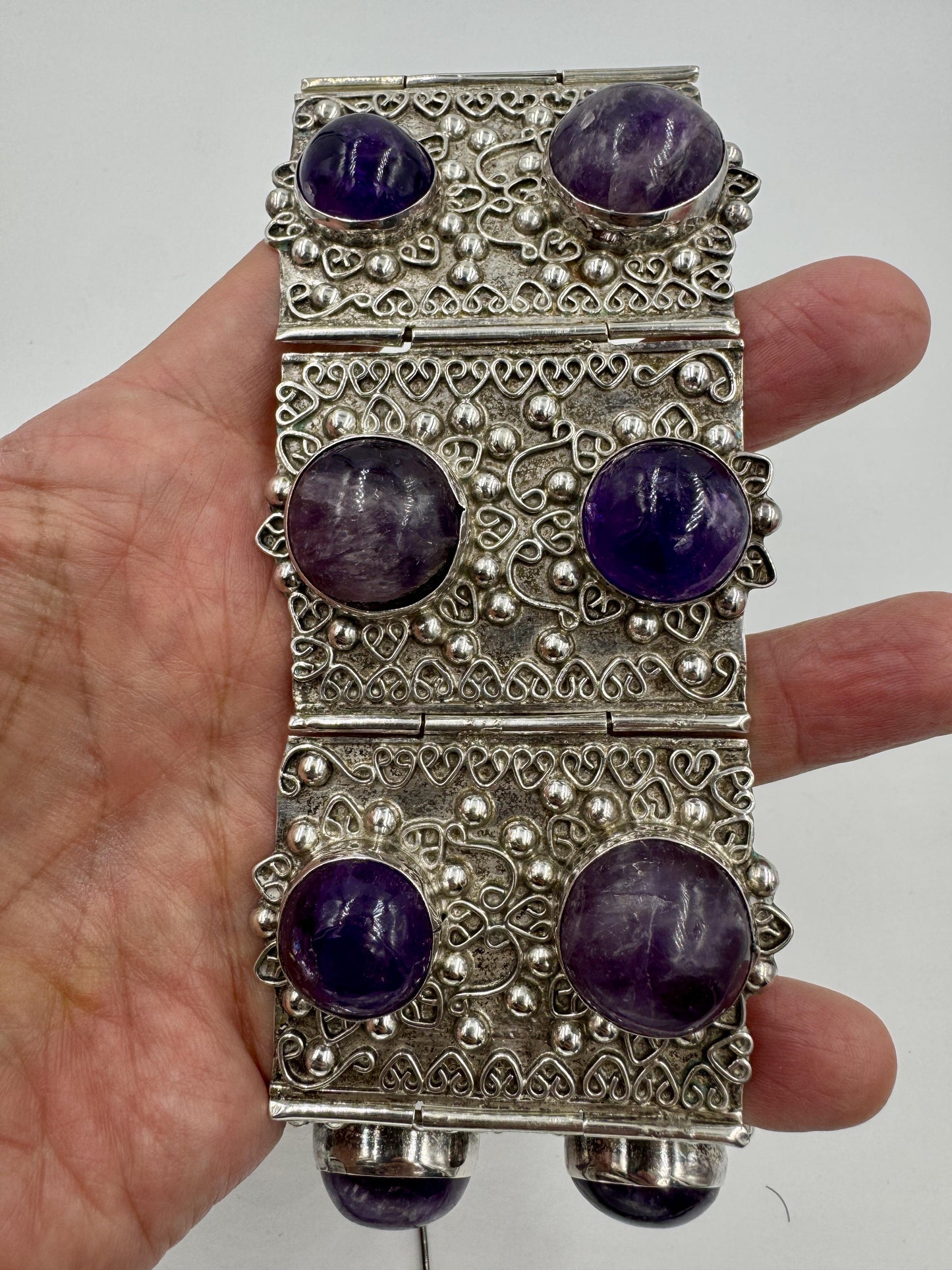 Huge Retro Mexico Sterling Silver Amethyst Panel Bracelet