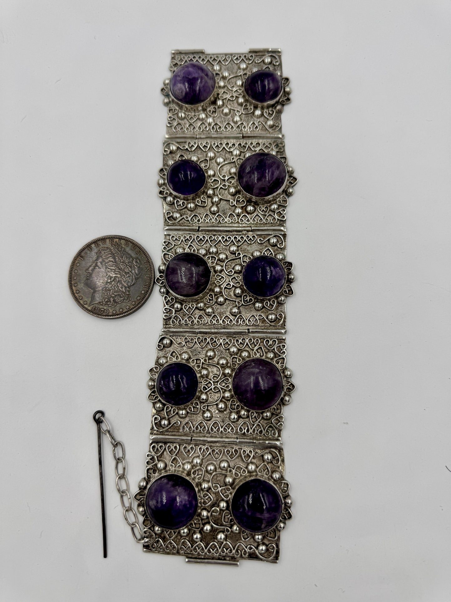 Huge Retro Mexico Sterling Silver Amethyst Panel Bracelet