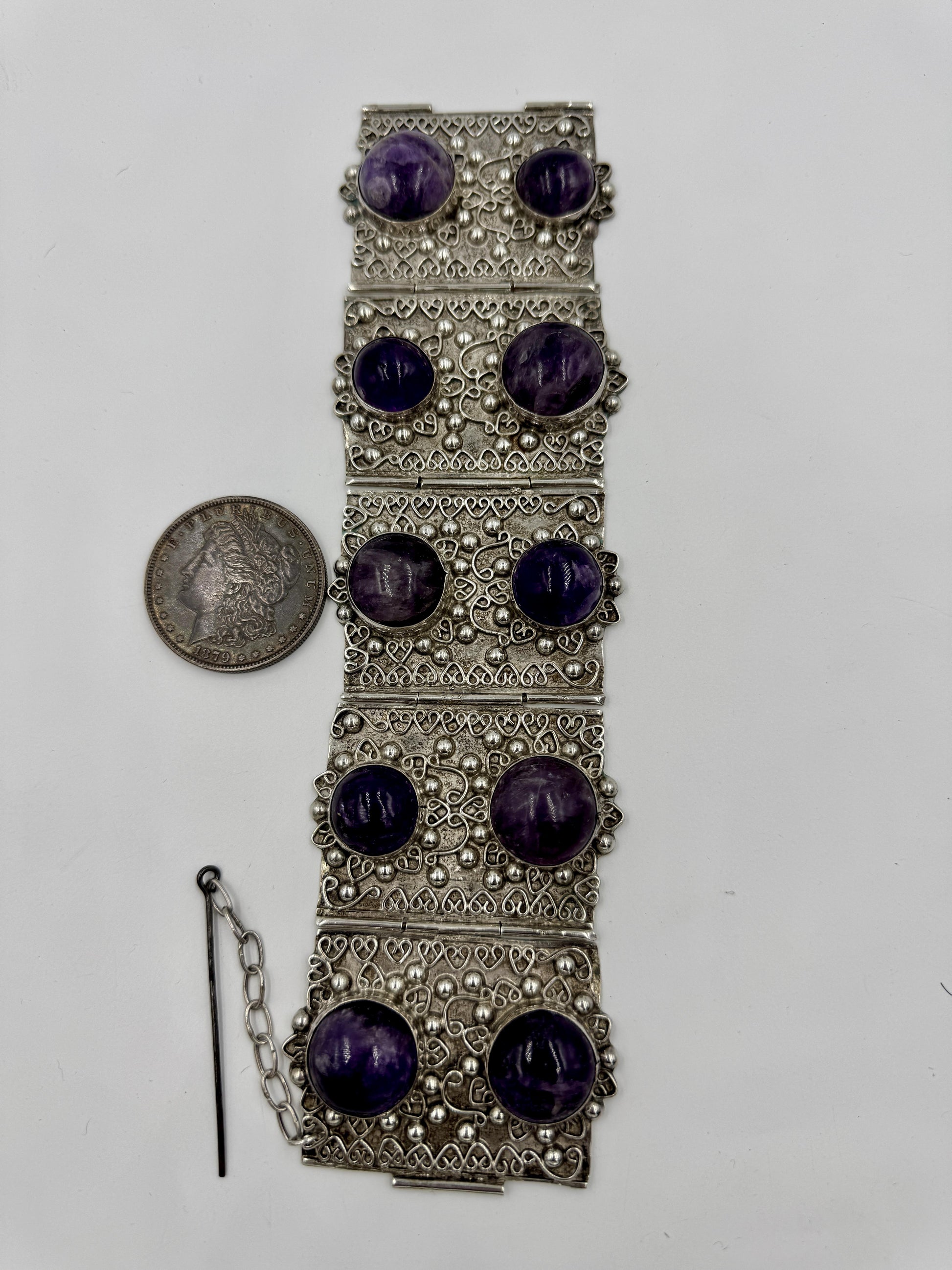 Huge Retro Mexico Sterling Silver Amethyst Panel Bracelet