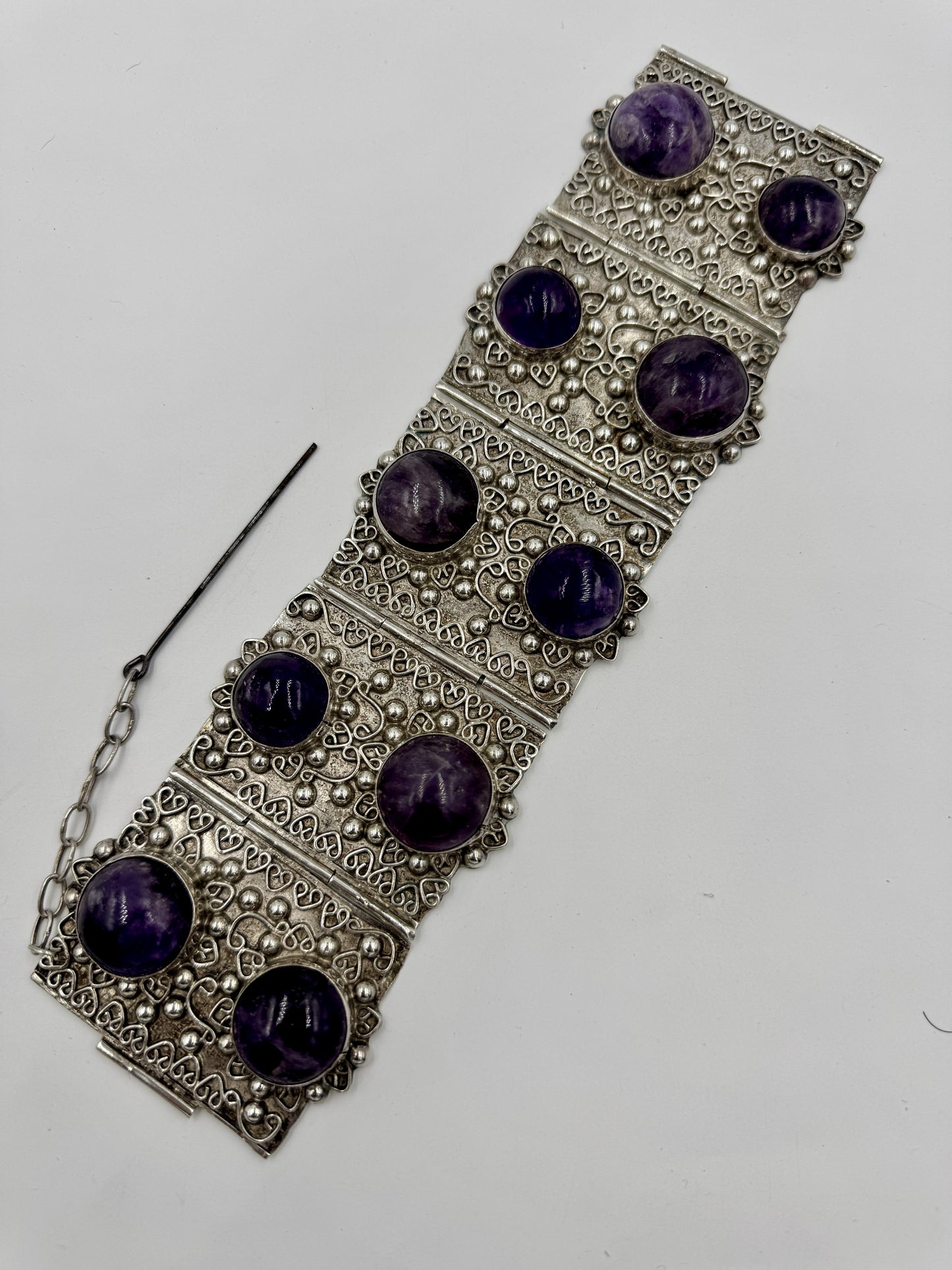 Huge Retro Mexico Sterling Silver Amethyst Panel Bracelet