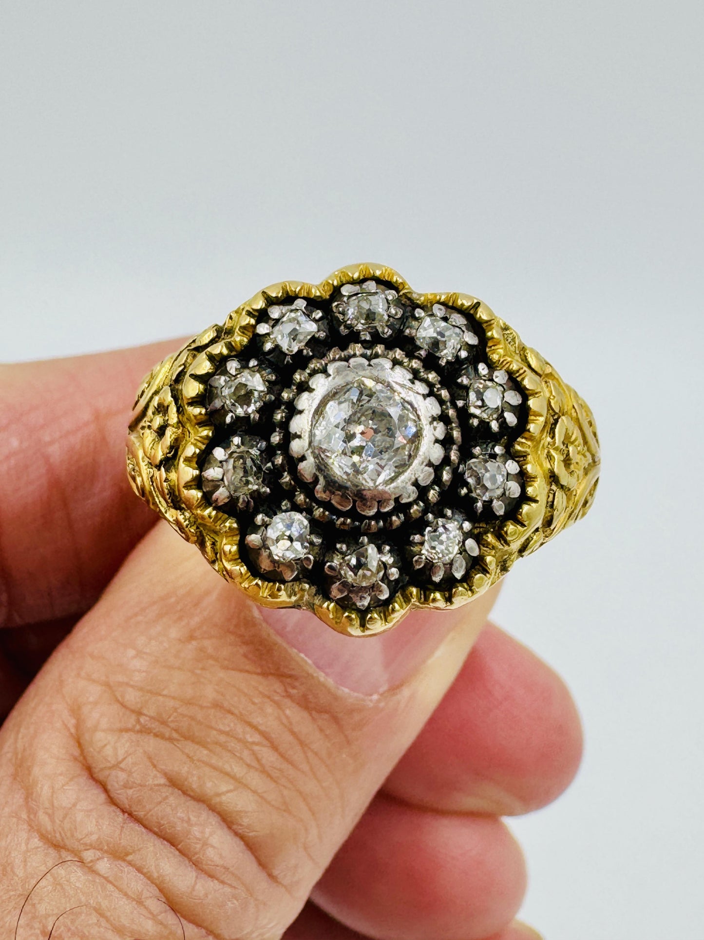 Art Deco Portuguese 19k gold Old Mine Cut Diamond Ring Size 13.75