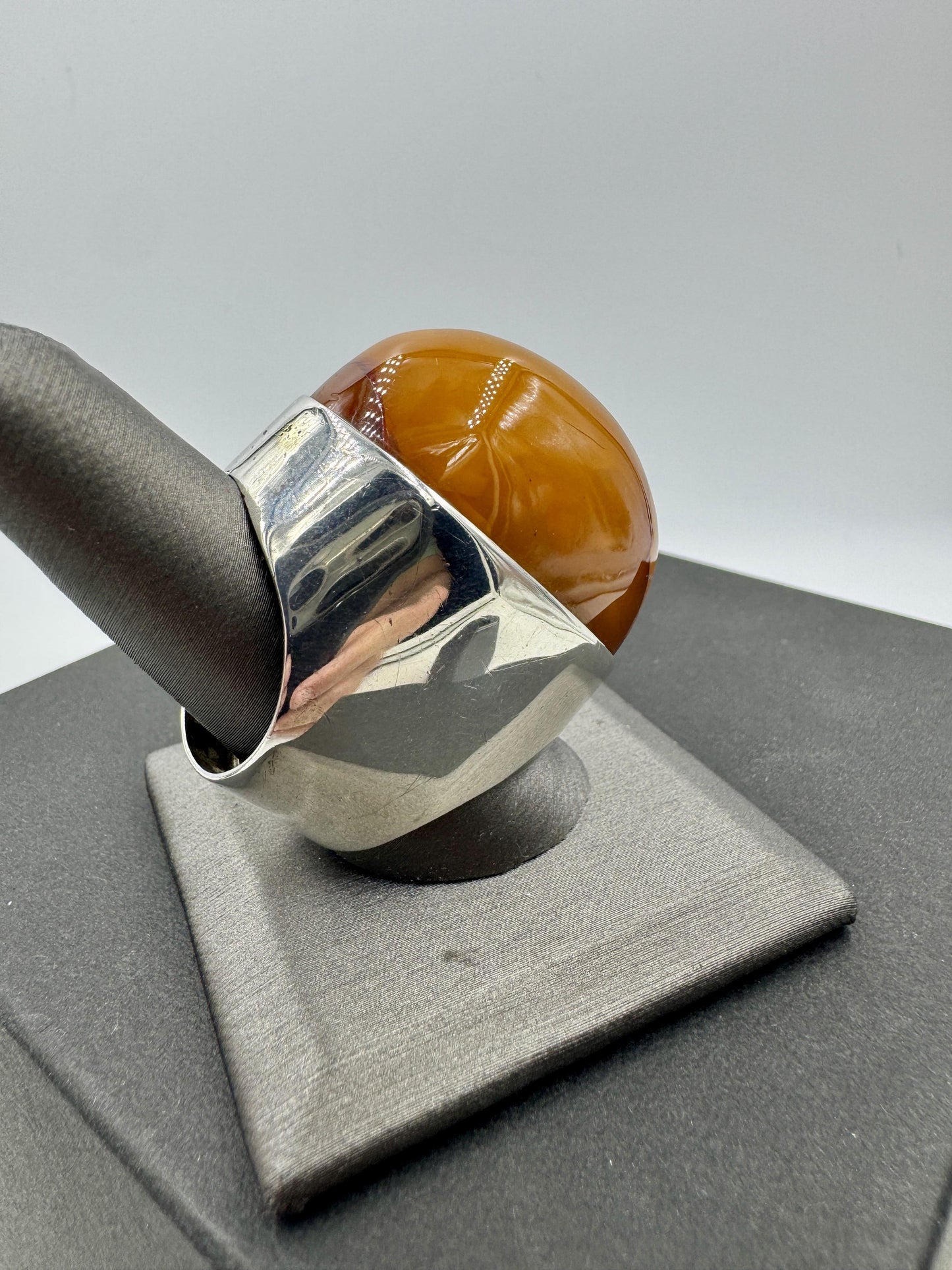 Massive Cognac Amber Dome Ring Sterling Silver 925
