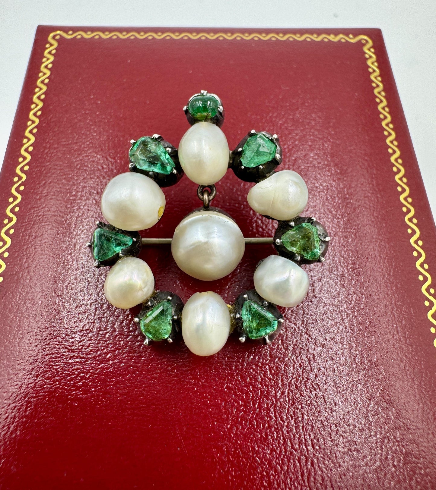 Victorian Emerald Pearl Brooch Silver On Gold