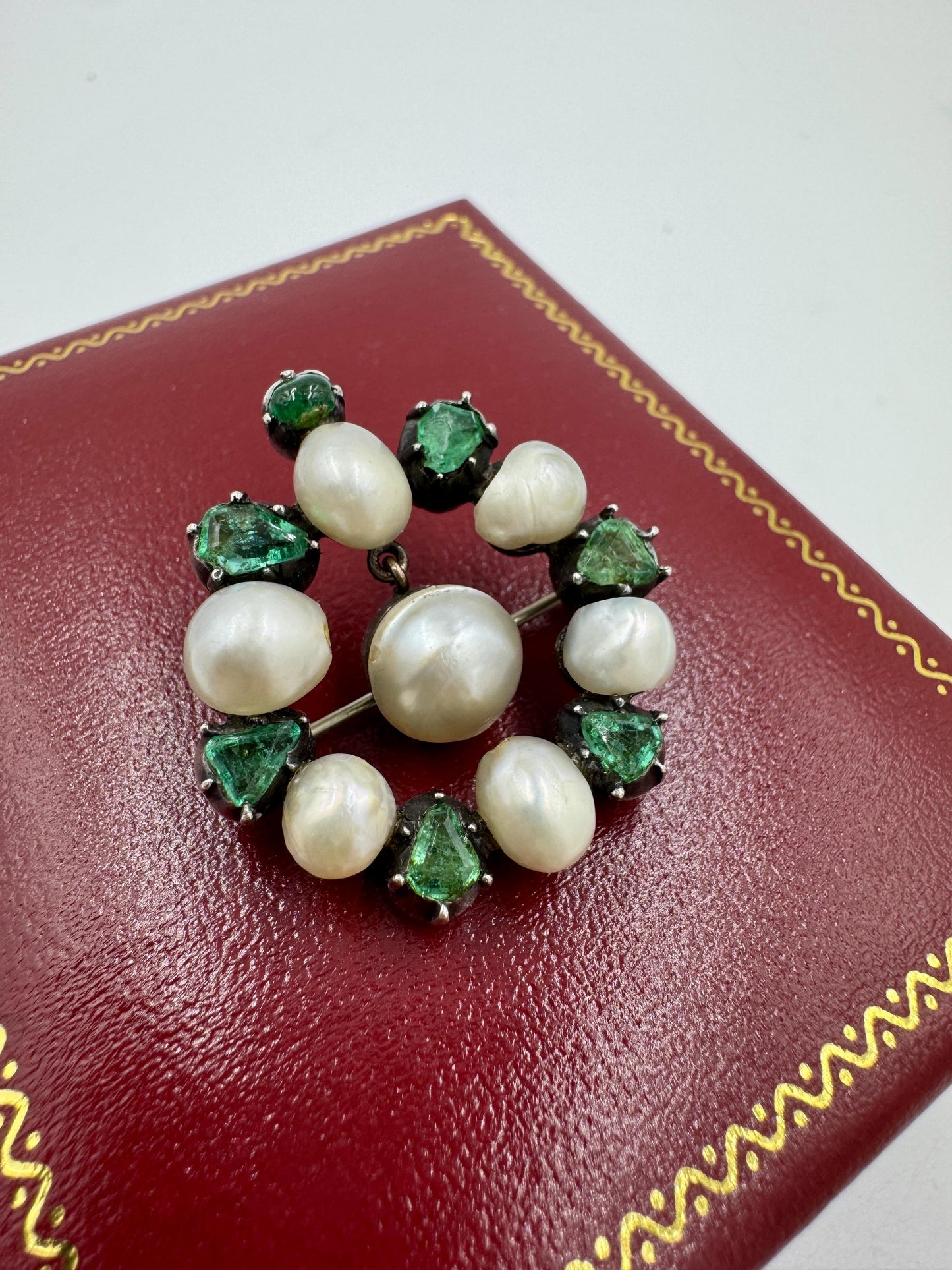 Victorian Emerald Pearl Brooch Silver On Gold