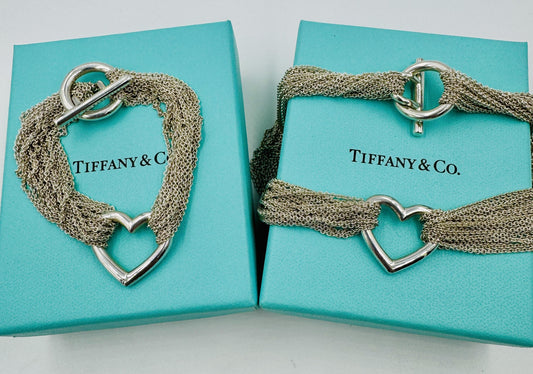 Tiffany & Co 925 Sterling Multi Strand Toggle Open Heart Necklace Bracelet Set