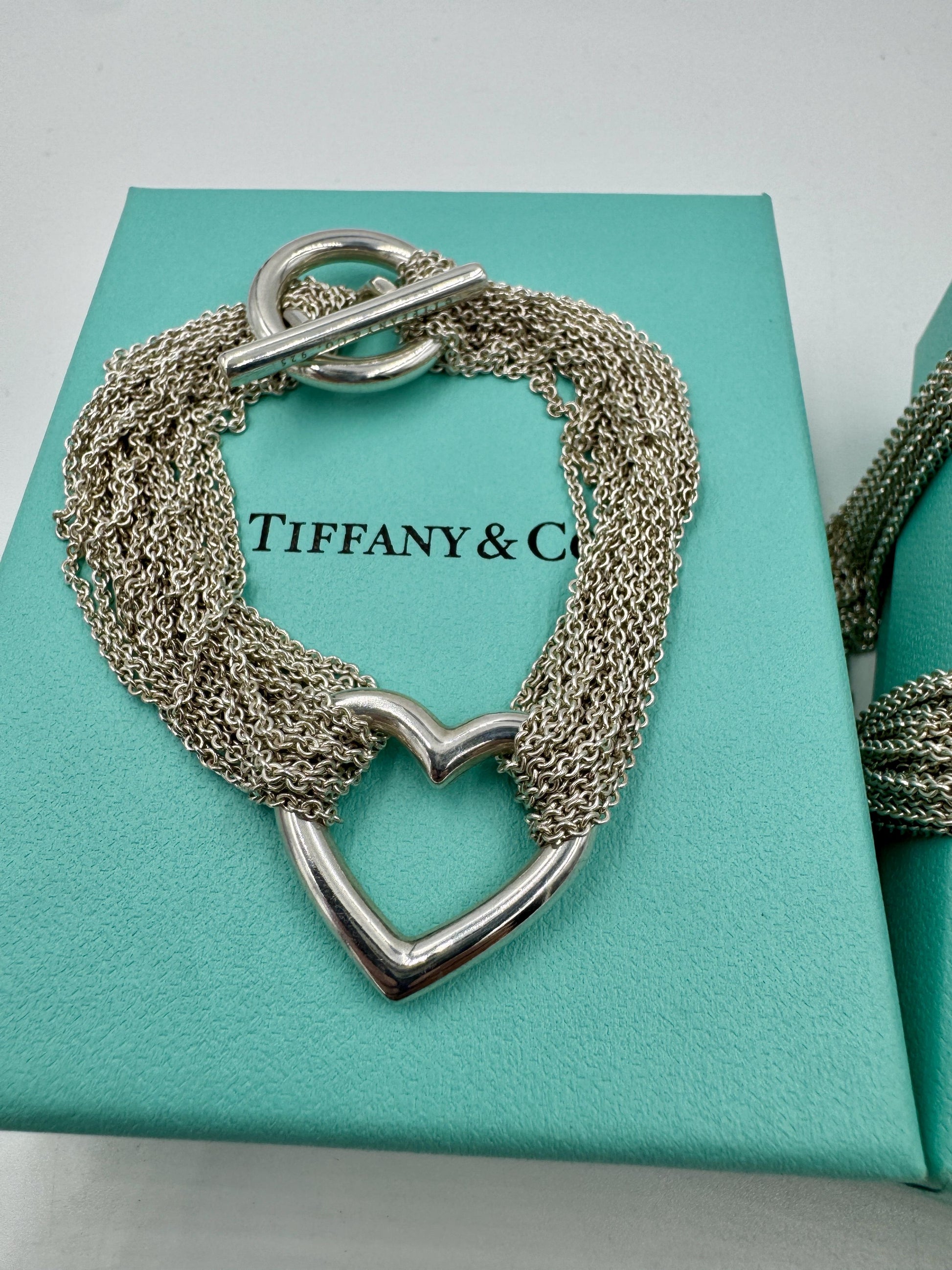 Tiffany & Co 925 Sterling Multi Strand Toggle Open Heart Necklace Bracelet Set