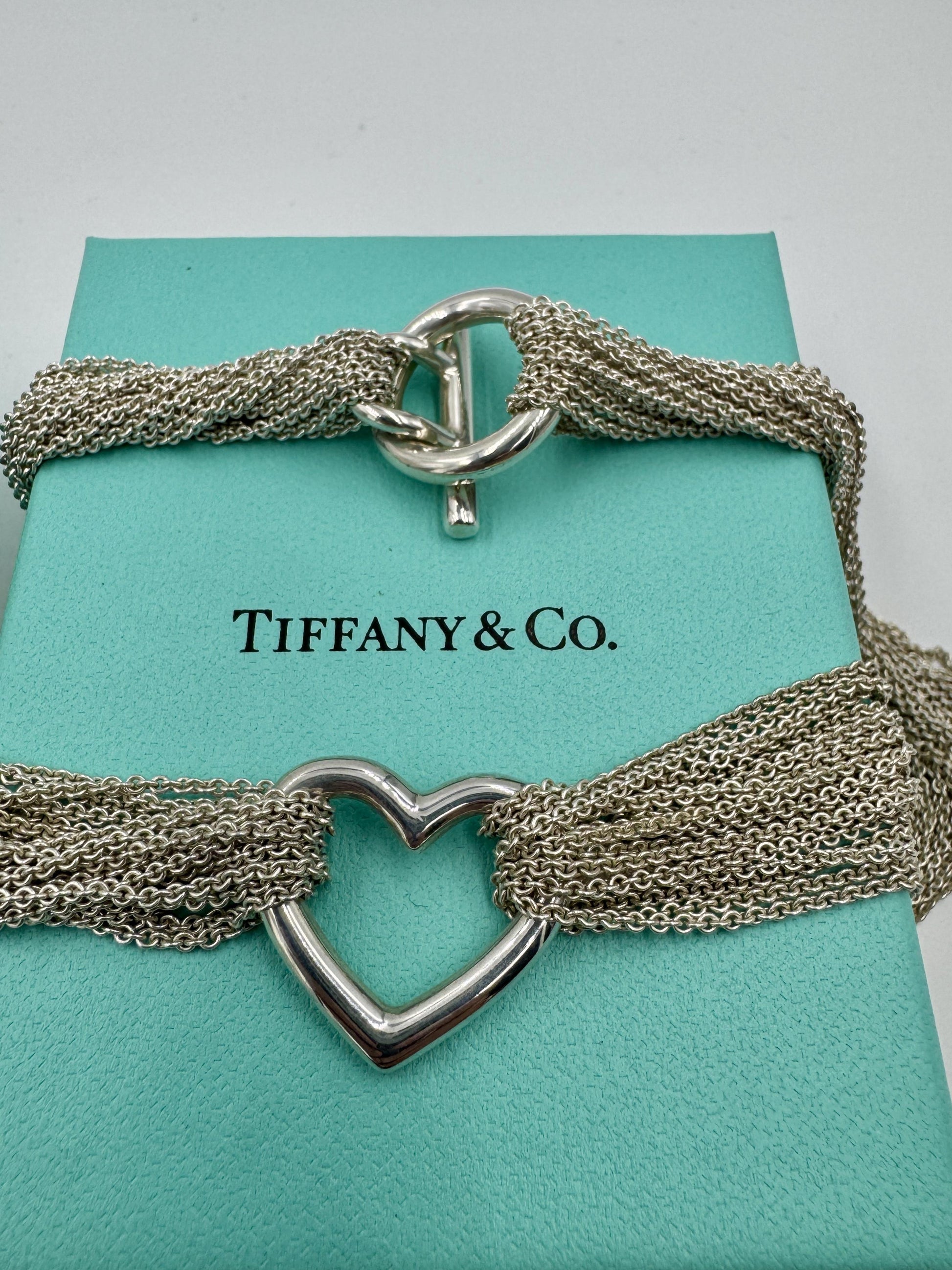 Tiffany & Co 925 Sterling Multi Strand Toggle Open Heart Necklace Bracelet Set