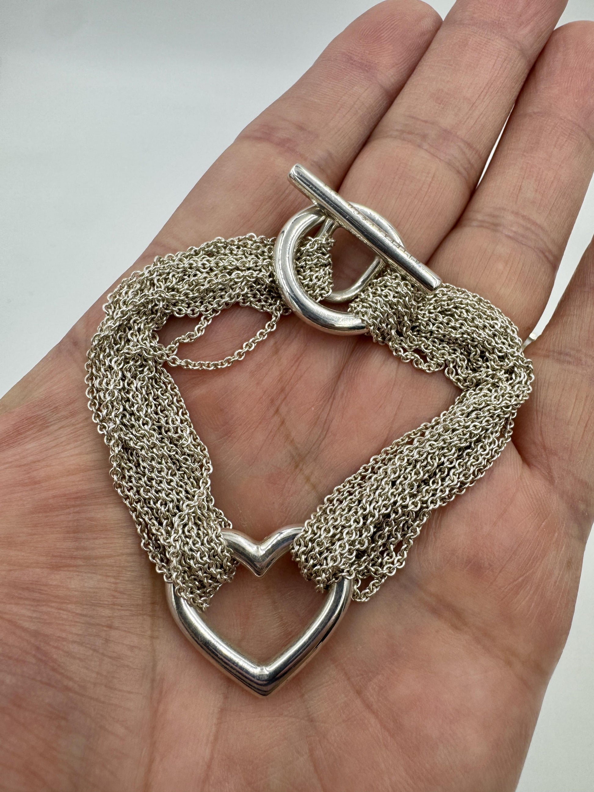 Tiffany & Co 925 Sterling Multi Strand Toggle Open Heart Necklace Bracelet Set