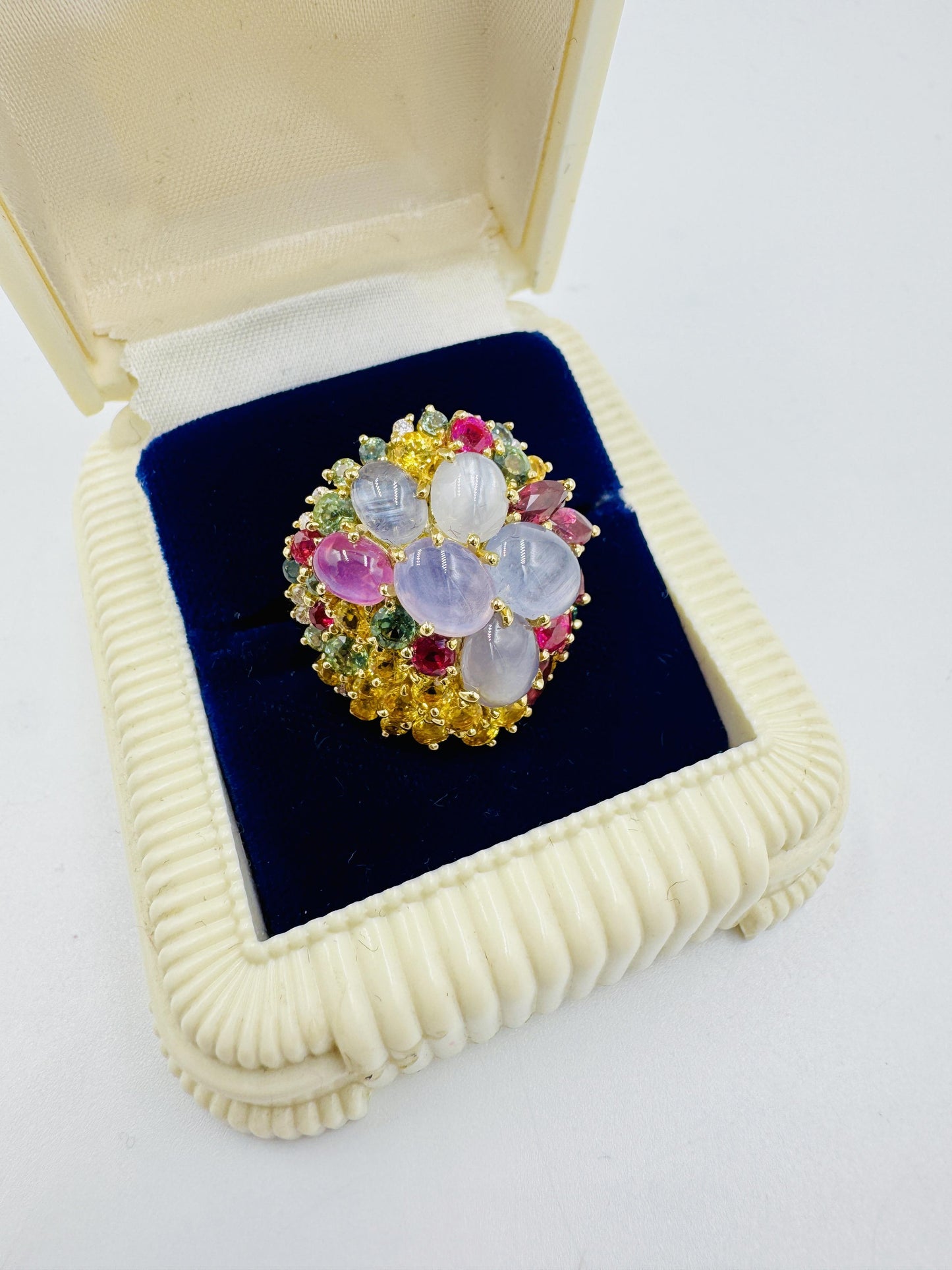 Star Sapphires and Multi-Colored Sapphire Ruby diamond yellow gold cocktail ring