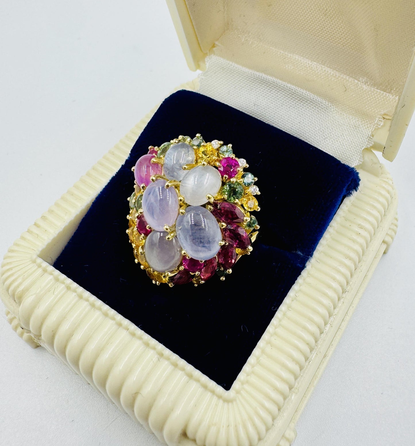 Star Sapphires and Multi-Colored Sapphire Ruby diamond yellow gold cocktail ring