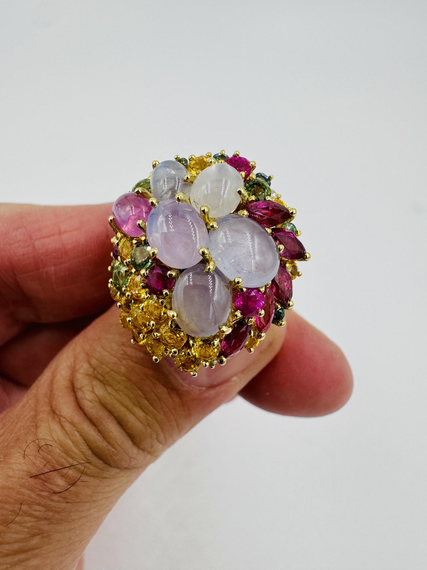 Star Sapphires and Multi-Colored Sapphire Ruby diamond yellow gold cocktail ring