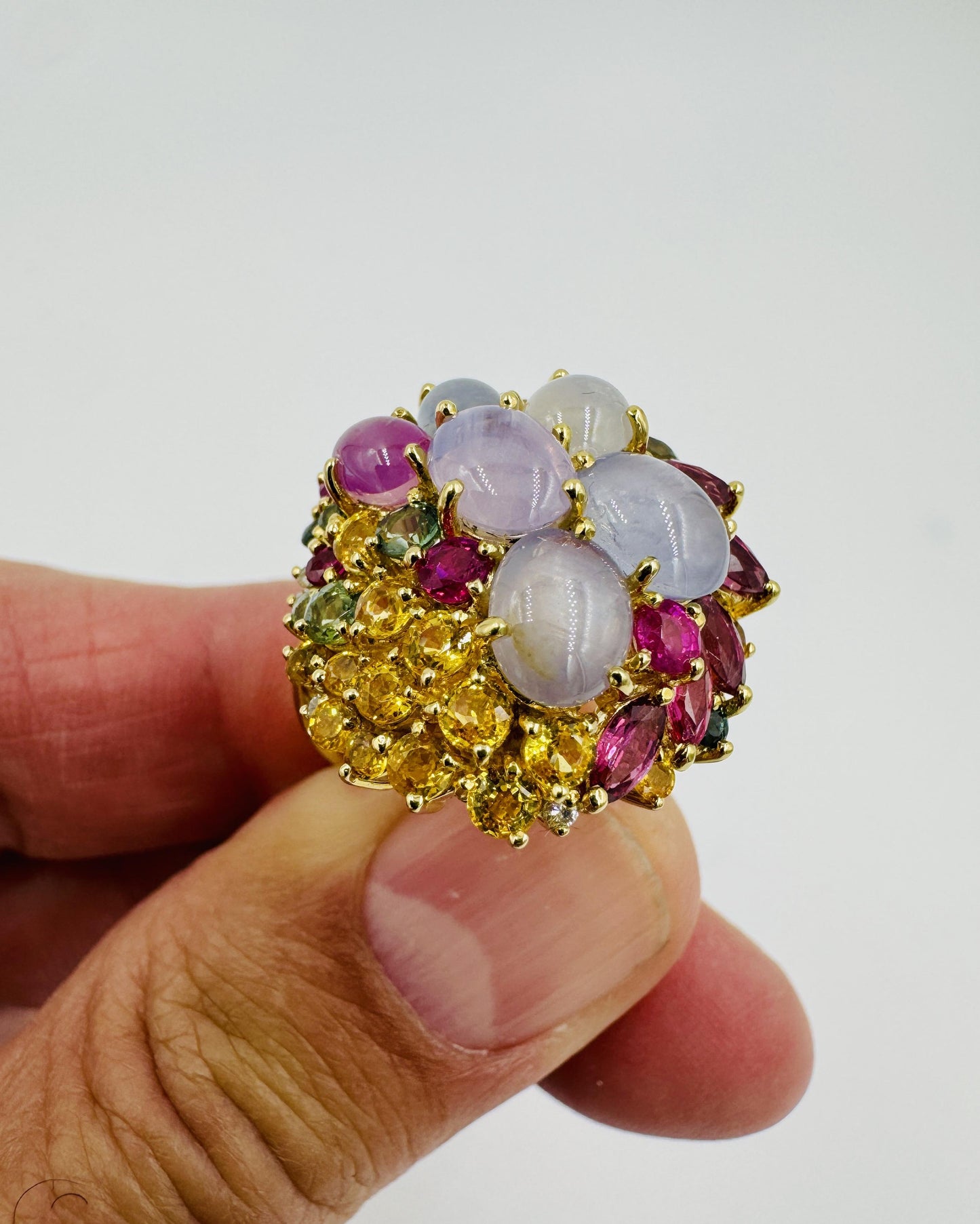 Star Sapphires and Multi-Colored Sapphire Ruby diamond yellow gold cocktail ring