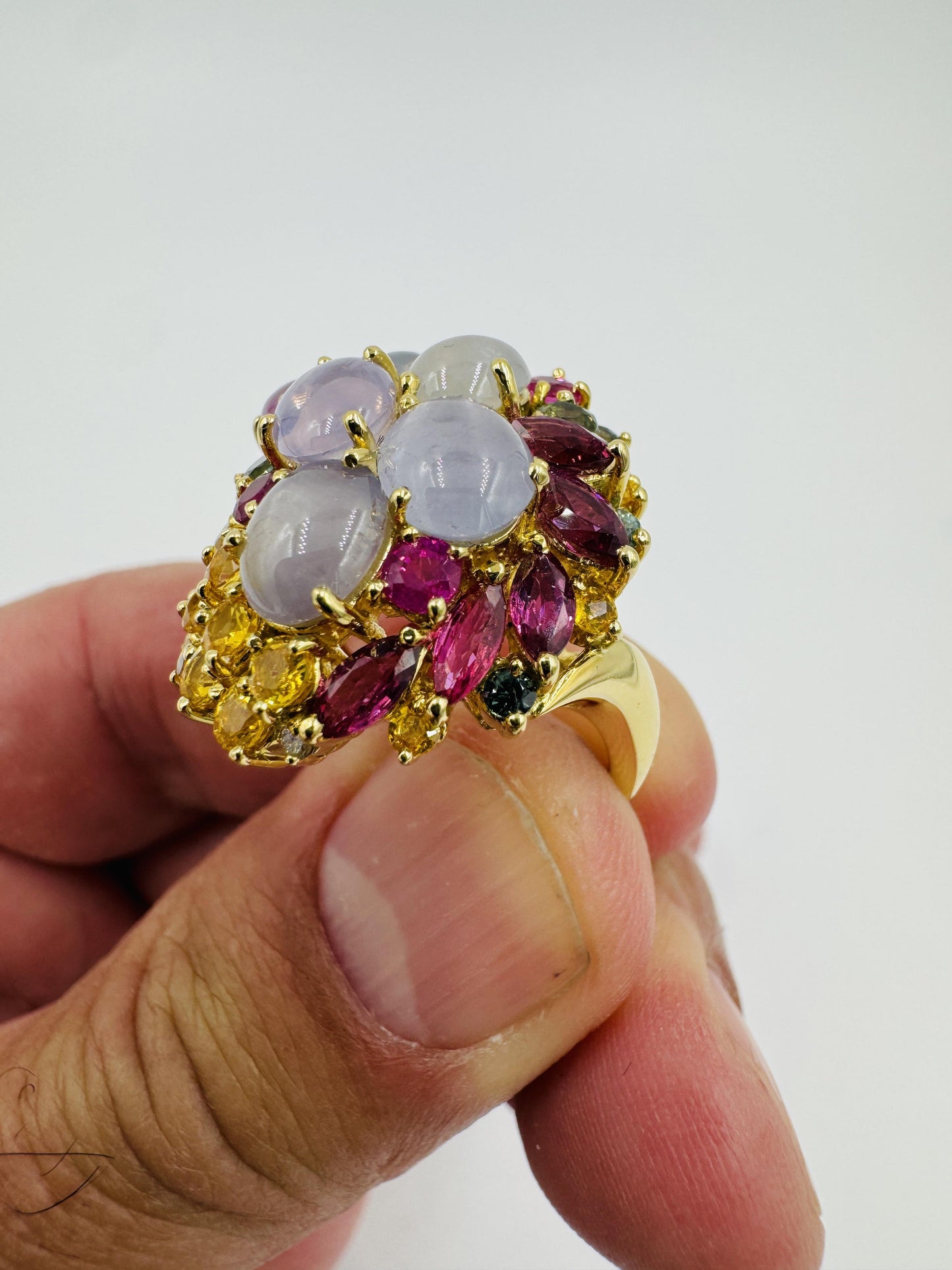 Star Sapphires and Multi-Colored Sapphire Ruby diamond yellow gold cocktail ring