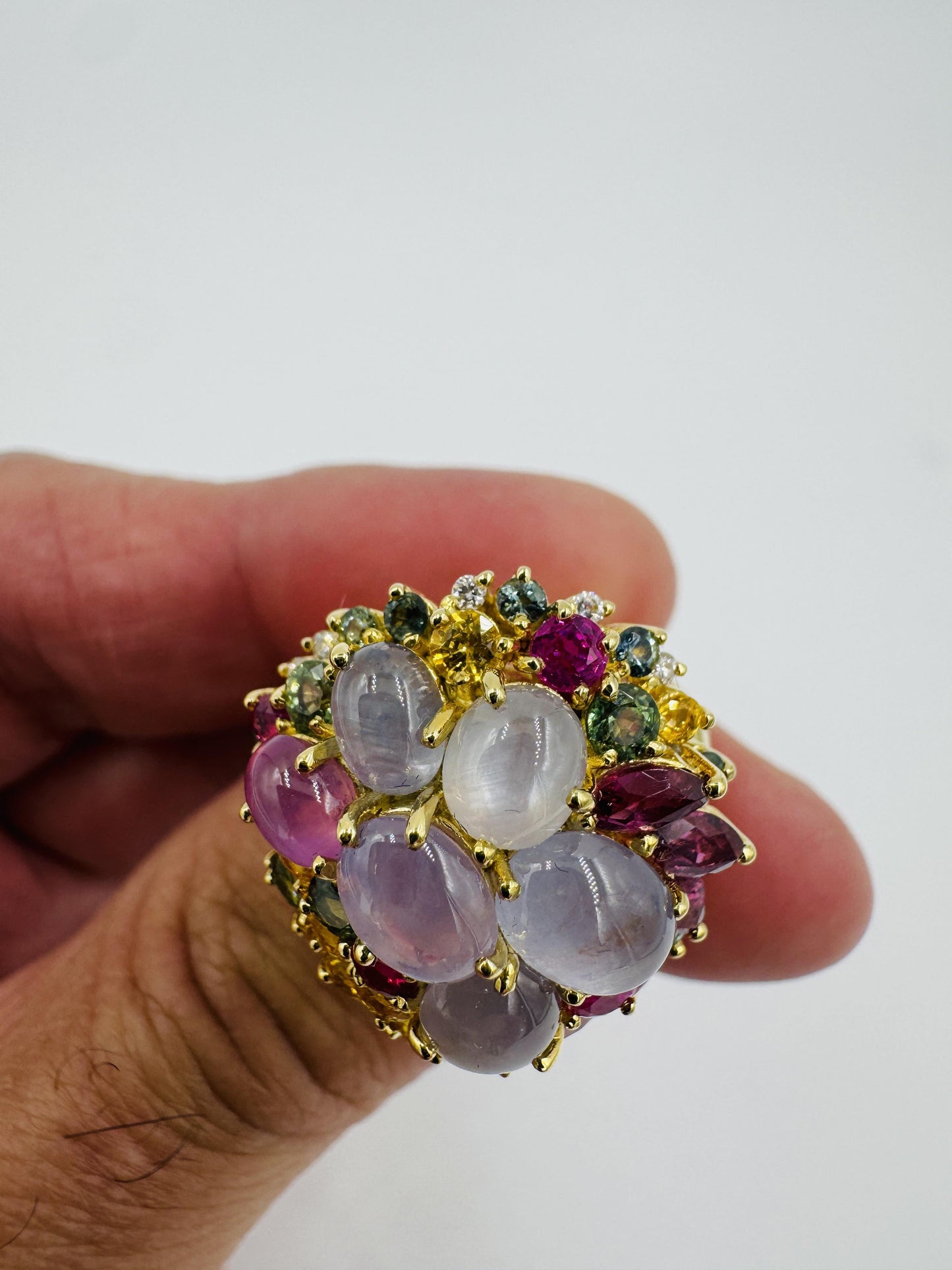 Star Sapphires and Multi-Colored Sapphire Ruby diamond yellow gold cocktail ring
