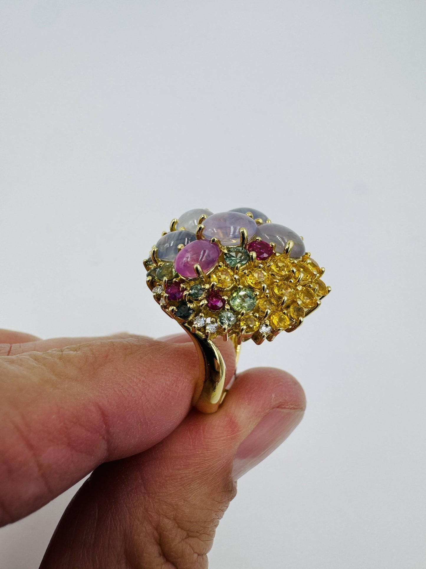 Star Sapphires and Multi-Colored Sapphire Ruby diamond yellow gold cocktail ring
