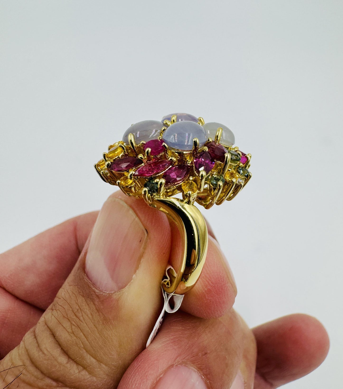 Star Sapphires and Multi-Colored Sapphire Ruby diamond yellow gold cocktail ring