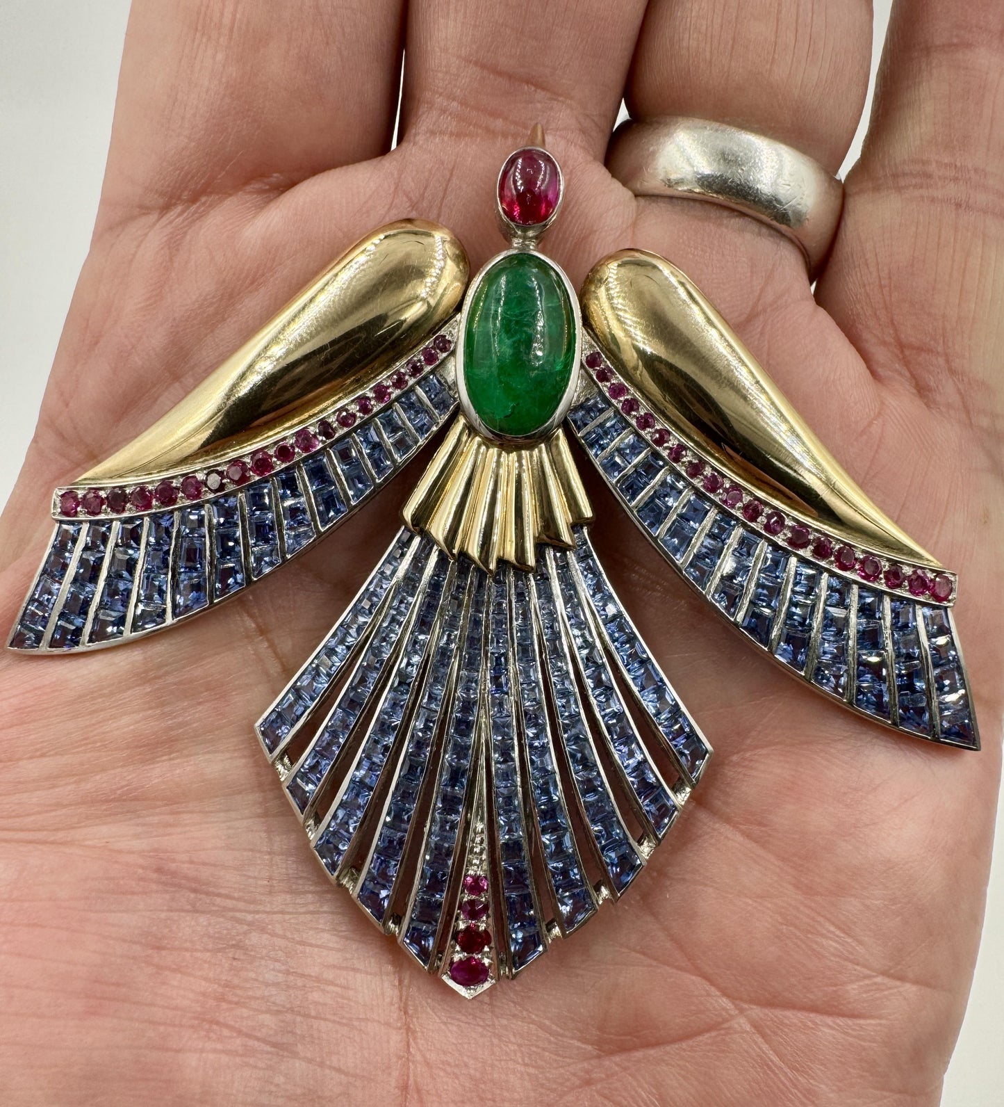 Retro Emerald Ruby Sapphire Gold Phoenix Bird Clip Brooch