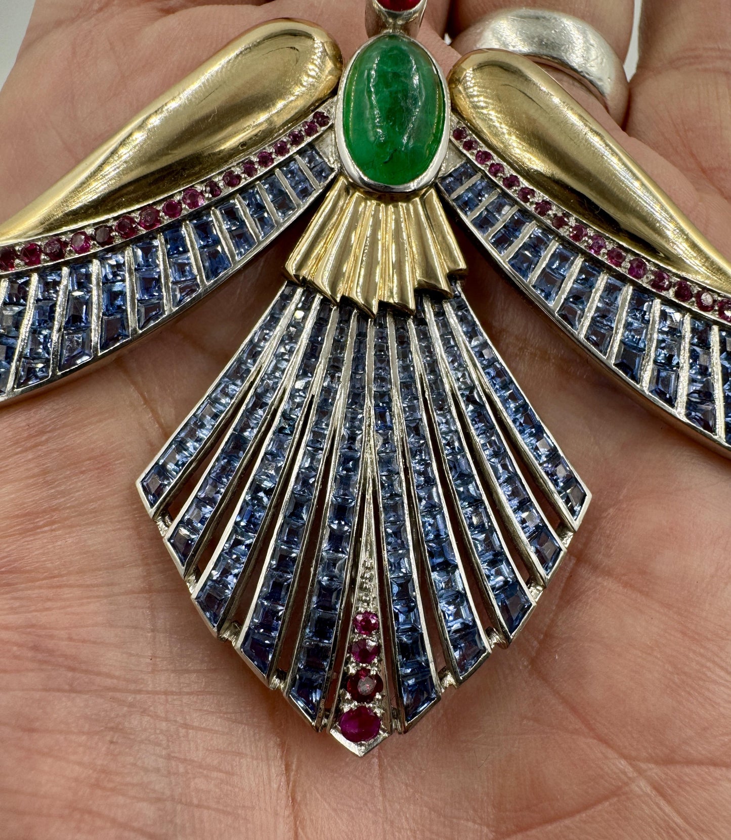 Retro Emerald Ruby Sapphire Gold Phoenix Bird Clip Brooch